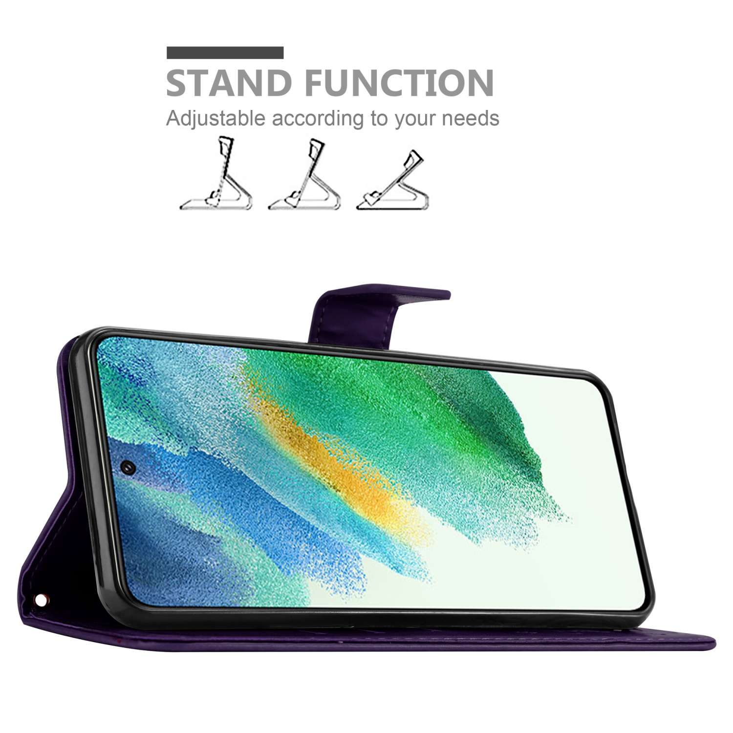 Telefono in custodia a portafoglio viola con funzione stand. La custodia è aperta e viene mostrato un supporto.