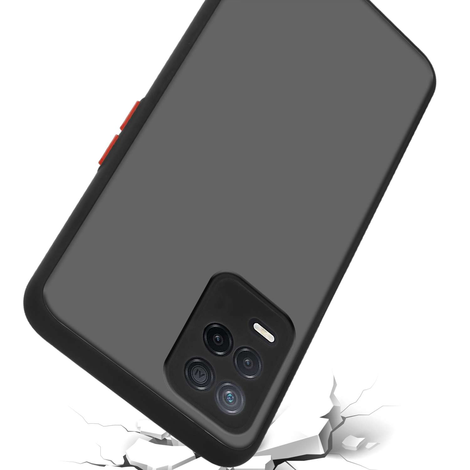 Una custodia per telefono di colore grigio scuro, angolata, su una superficie bianca. La custodia sembra stia cadendo.
