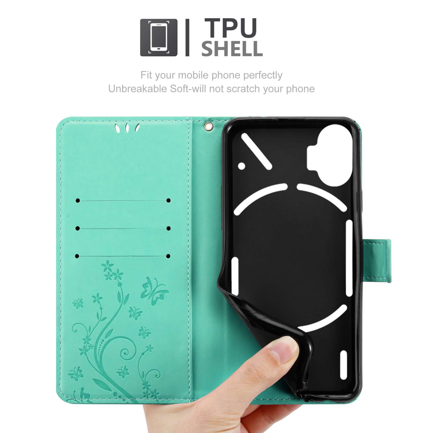 Custodia per telefono aperta in verde menta, con telefono all'interno. Testo: Guscio in TPU. Mano che tiene la custodia.