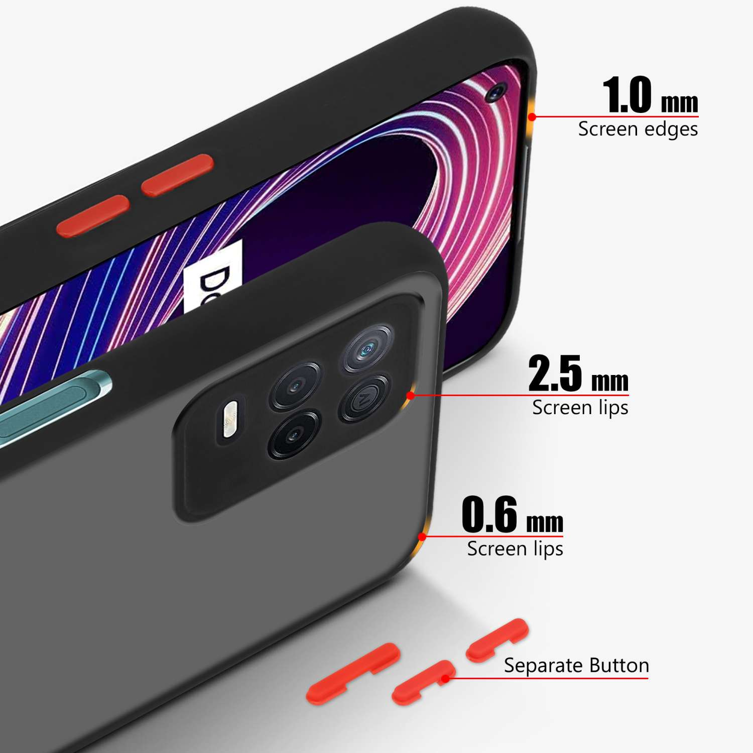 Custodia nera per telefono con pulsante rosso e dimensioni dei bordi dello schermo.