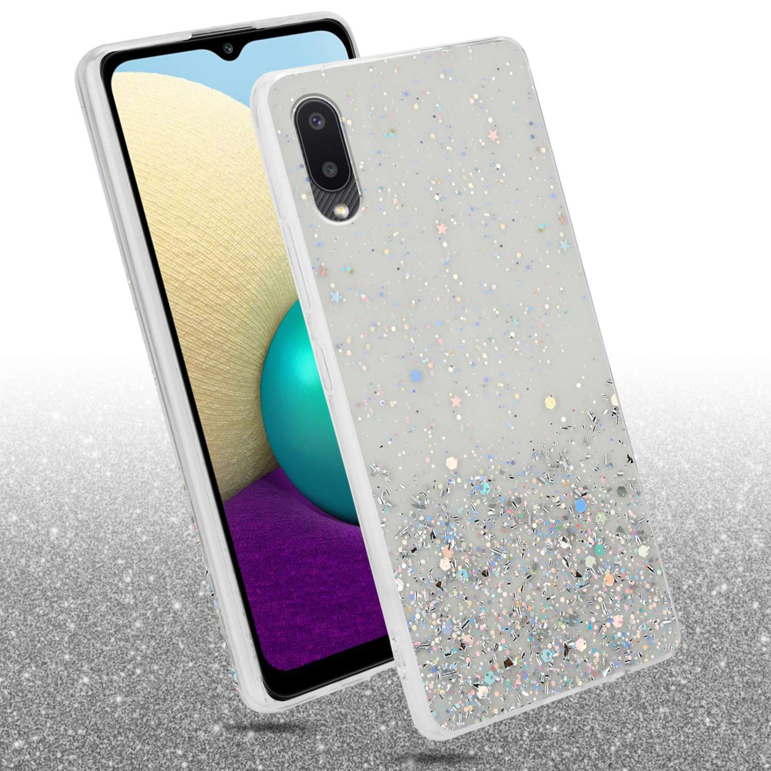 Un telefono in una custodia con glitter. Lo sfondo è sfocato con effetti glitterati.