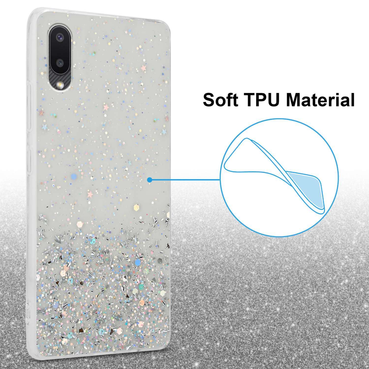 CADORABO Schutzhülle mit A02 Transparent Galaxy M02, Glitter Backcover, / Glitter, Samsung, mit funkelnden