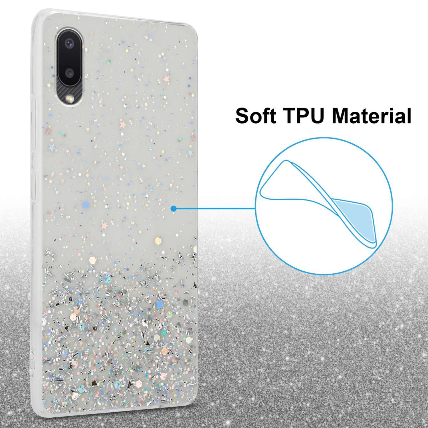 Custodia bianca con design glitter, che mostra morbido materiale TPU.