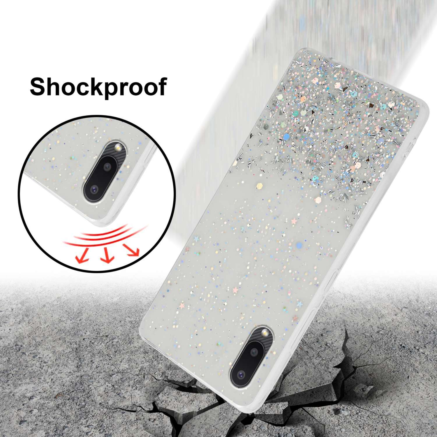 Custodia per telefono con glitter che cade su una superficie crepata. La custodia ha una fotocamera.