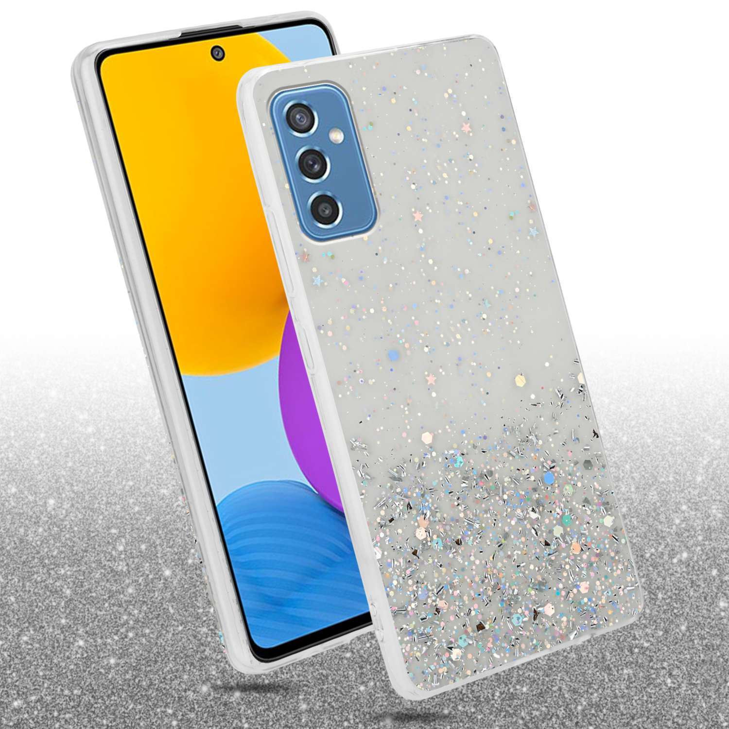 Custodia per telefono con glitter. Lo schermo del telefono è visibile. I glitter si diffondono verso il basso. Sfondo glitterato.