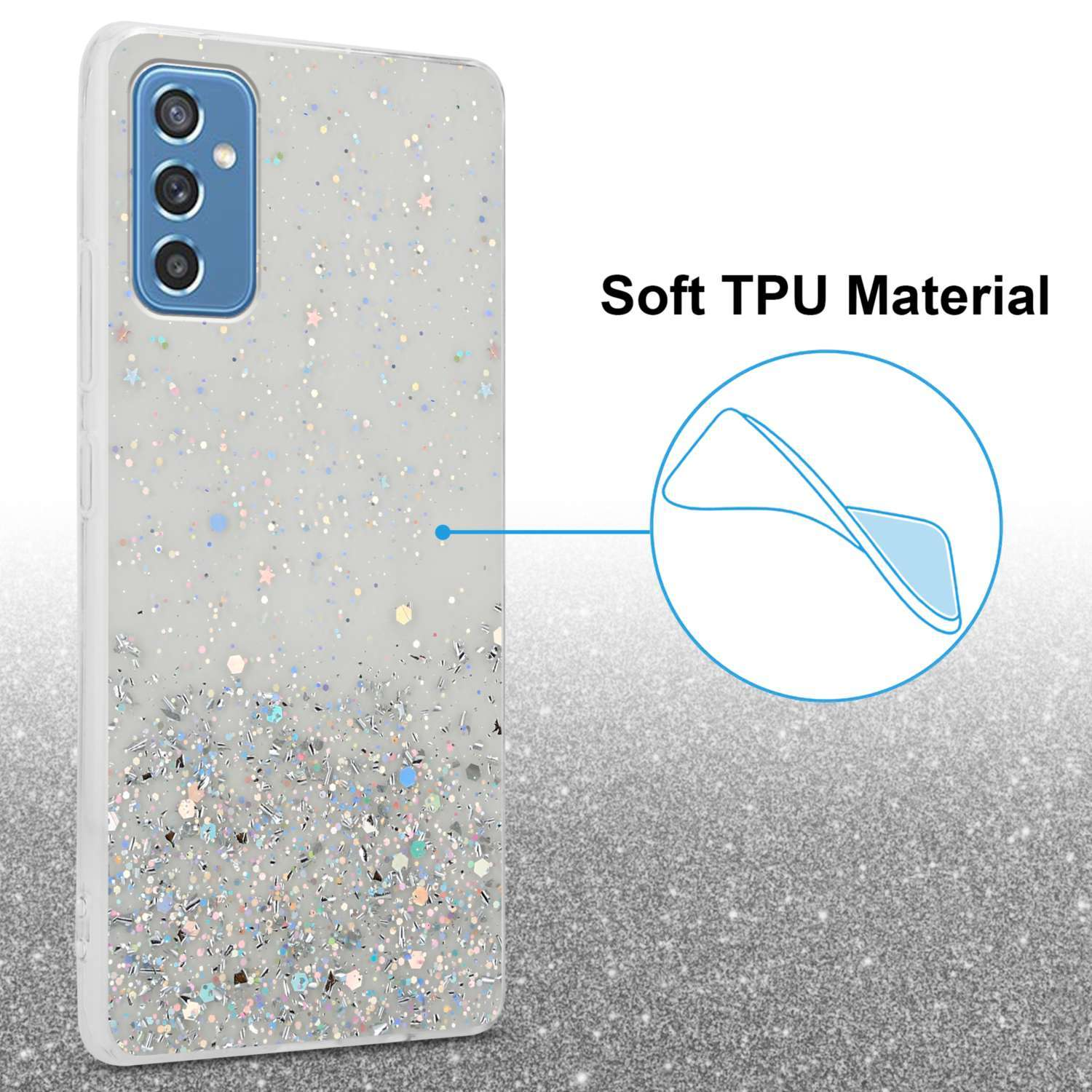 Una custodia per telefono con un design glitterato. Il telefono è visibile all'interno della custodia. Materiale TPU morbido è indicato.