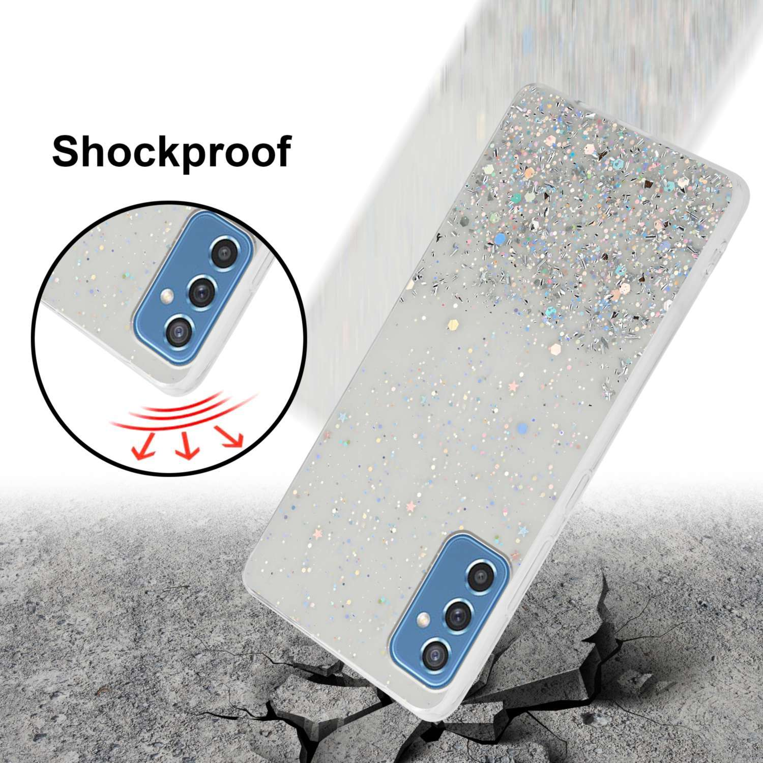 Custodia per telefono con design glitterato che cade su un terreno crepato. Testo 'Shockproof', frecce giù.