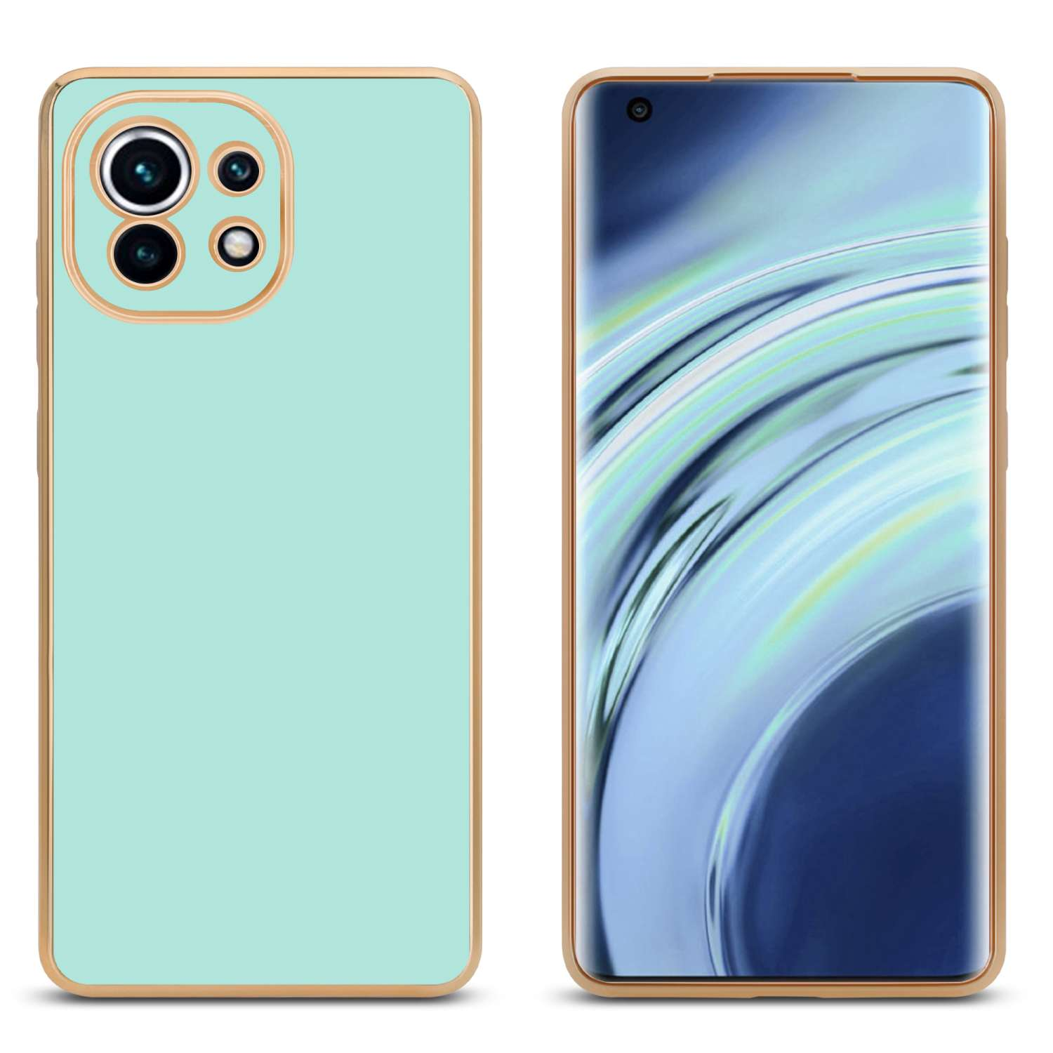 Custodia per telefono su un telefono, con retro verde menta e cornice dorata. Il telefono è a destra.