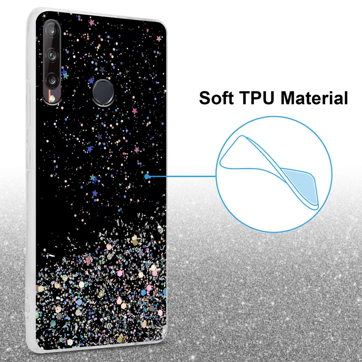 Eine Handyhülle mit schwarzem Hintergrund und farbenfrohem Glitzer. Die Hülle hat einen Kameraausschnitt und einen weißen Rand.