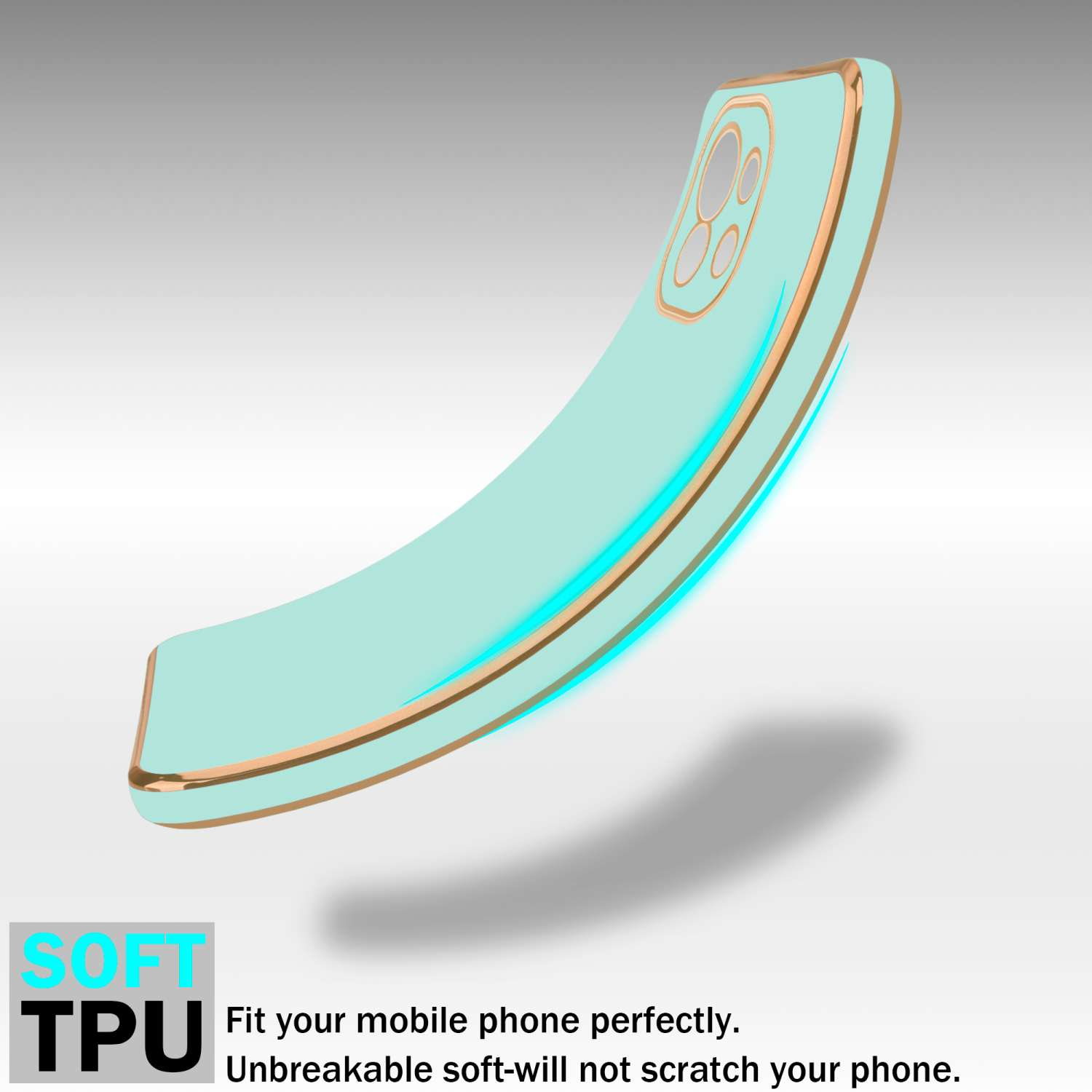 Custodia per telefono verde menta con finiture dorate. Testo morbido in TPU. Sfondo bianco. Infrangibile.
