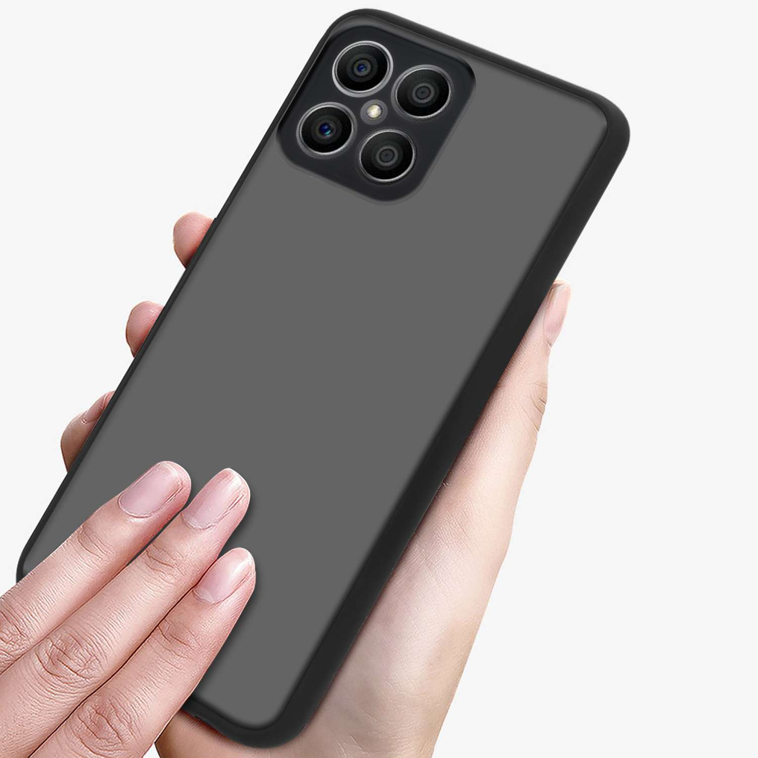 Hand, die eine graue Handyhülle hält. Schwarzer Kamerabereich ist sichtbar. Telefon ist in einer Hand.