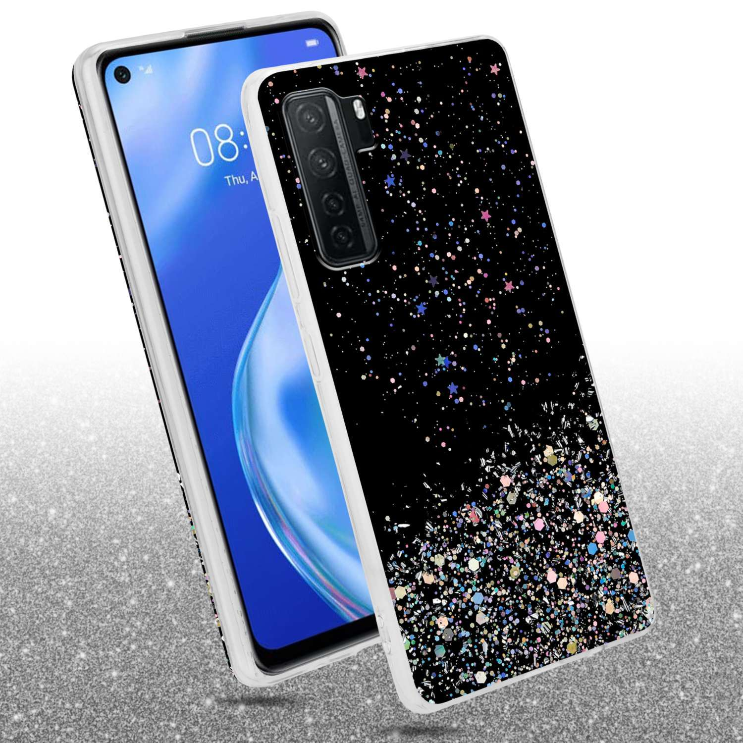 Téléphone et étui noir. L'étui a des paillettes. L'écran du téléphone est allumé. Fond argenté.