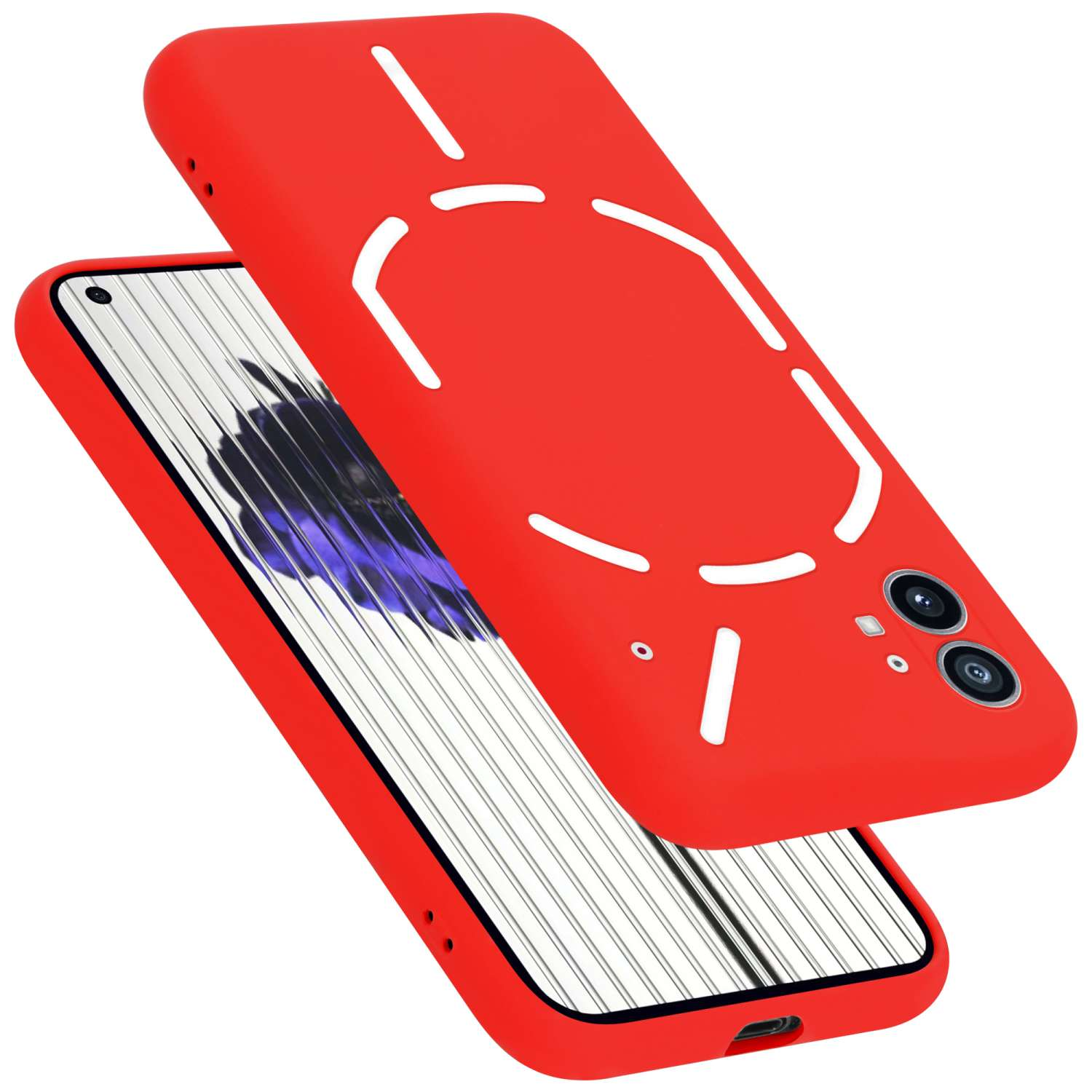 Rote Handyhülle über einem Telefon. Das weiße Design ist auf der Rückseite sichtbar.