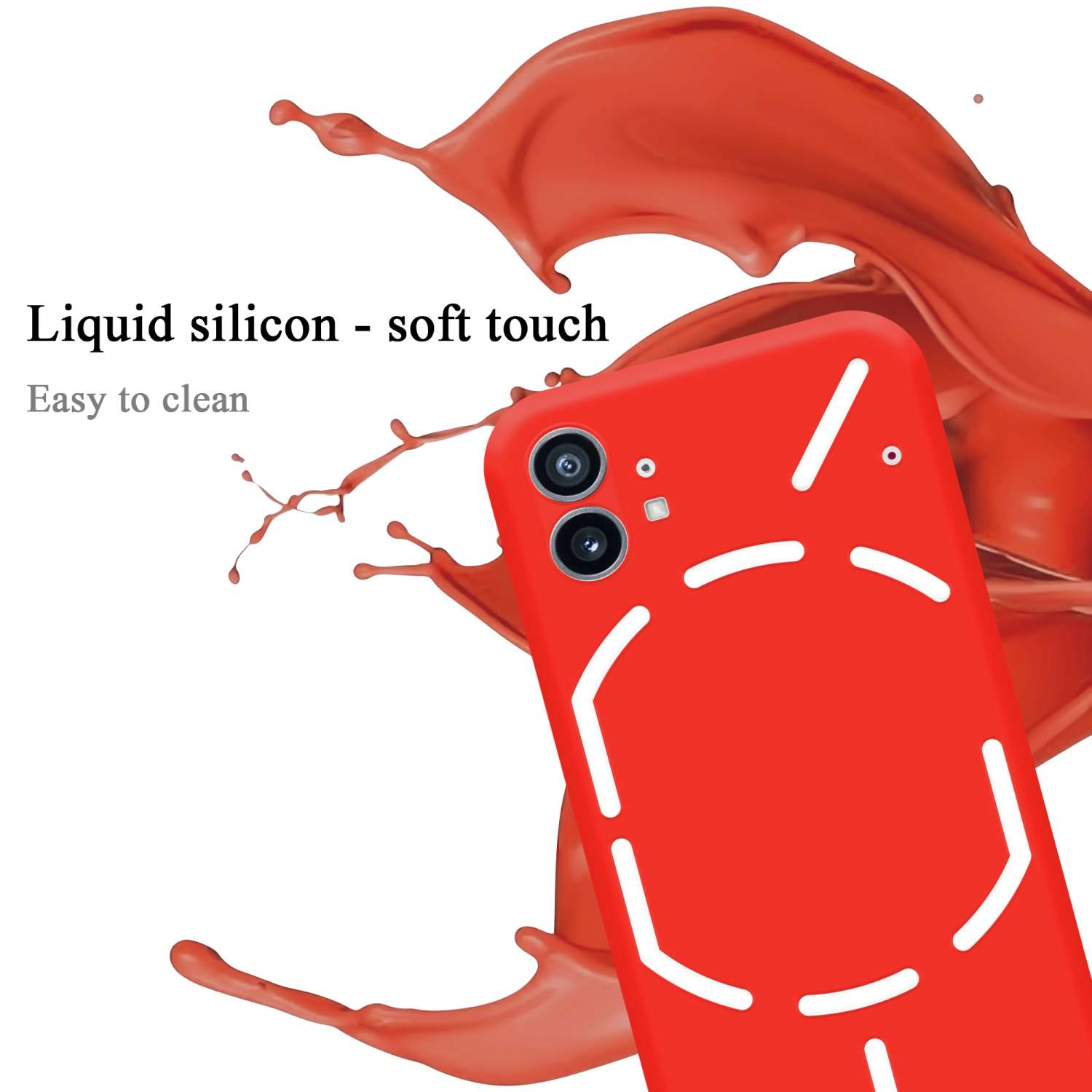 Rote Handyhülle mit weißen Formen. Text: Flüssigsilikon, Soft-Touch, leicht zu reinigen. Roter Flüssigkeitsspritzer.
