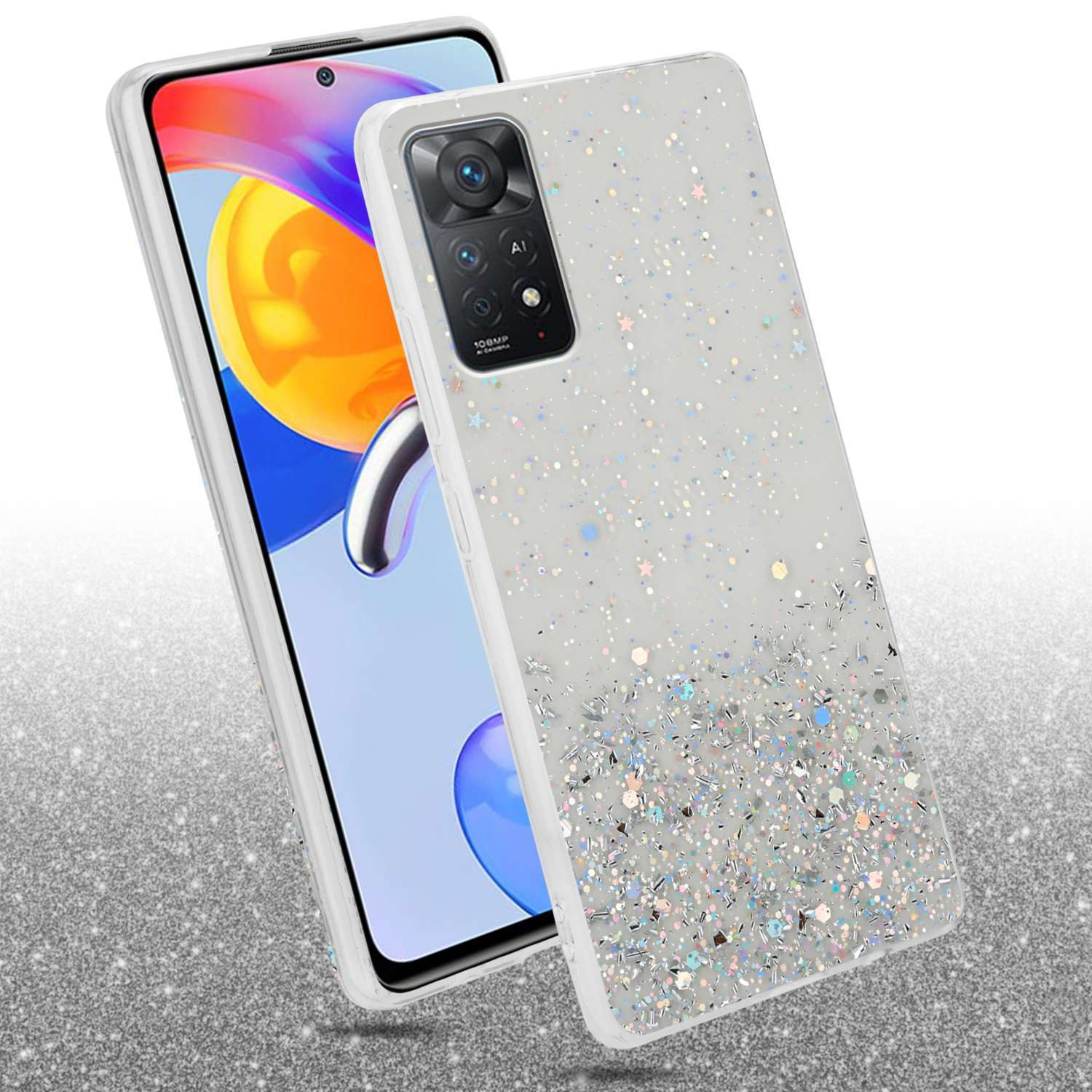 Custodia bianca per telefono con glitter, scintillante sopra uno schermo del telefono.