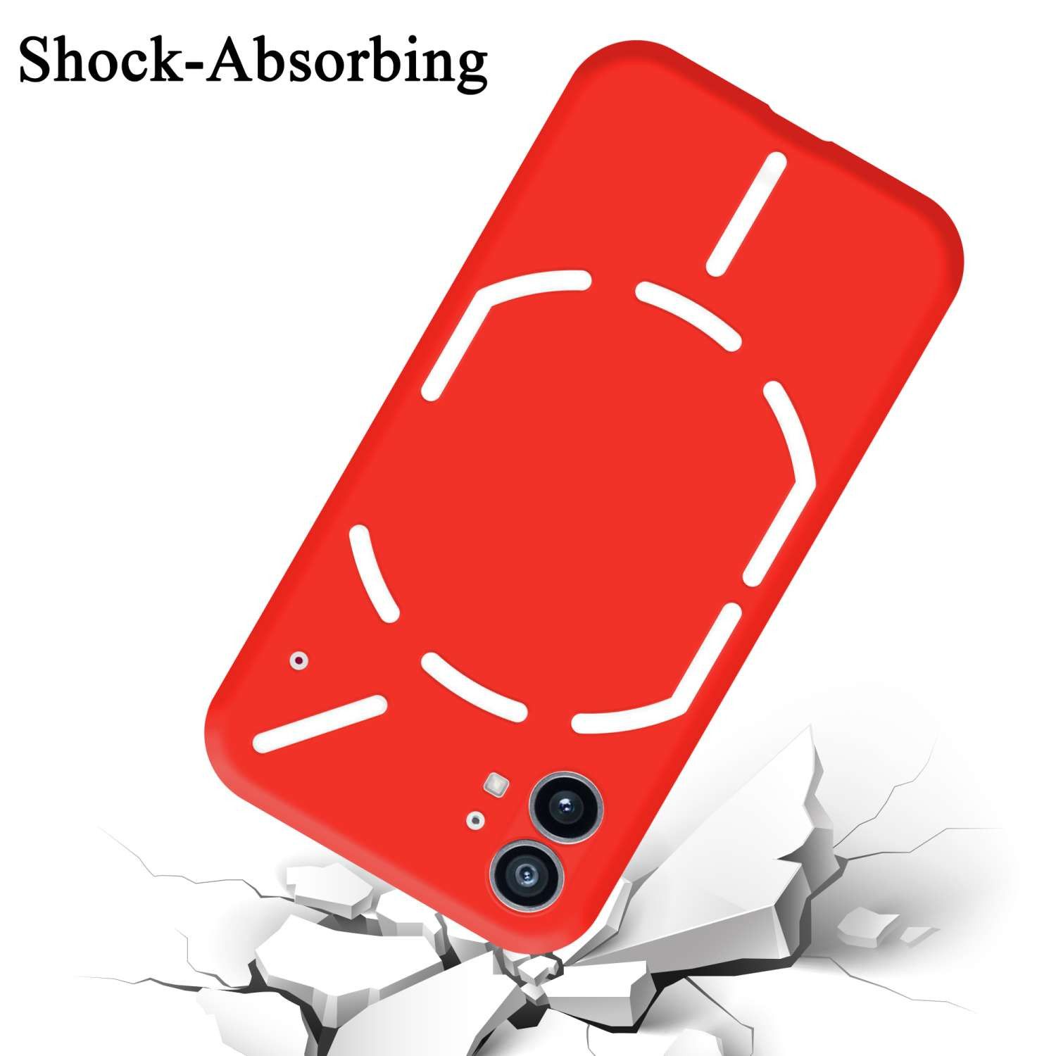 Eine rote Handyhülle mit weißem geometrischem Design und dem Wort 'Stoßdämpfend'. Die Hülle fällt auf zerbrochenen Boden.
