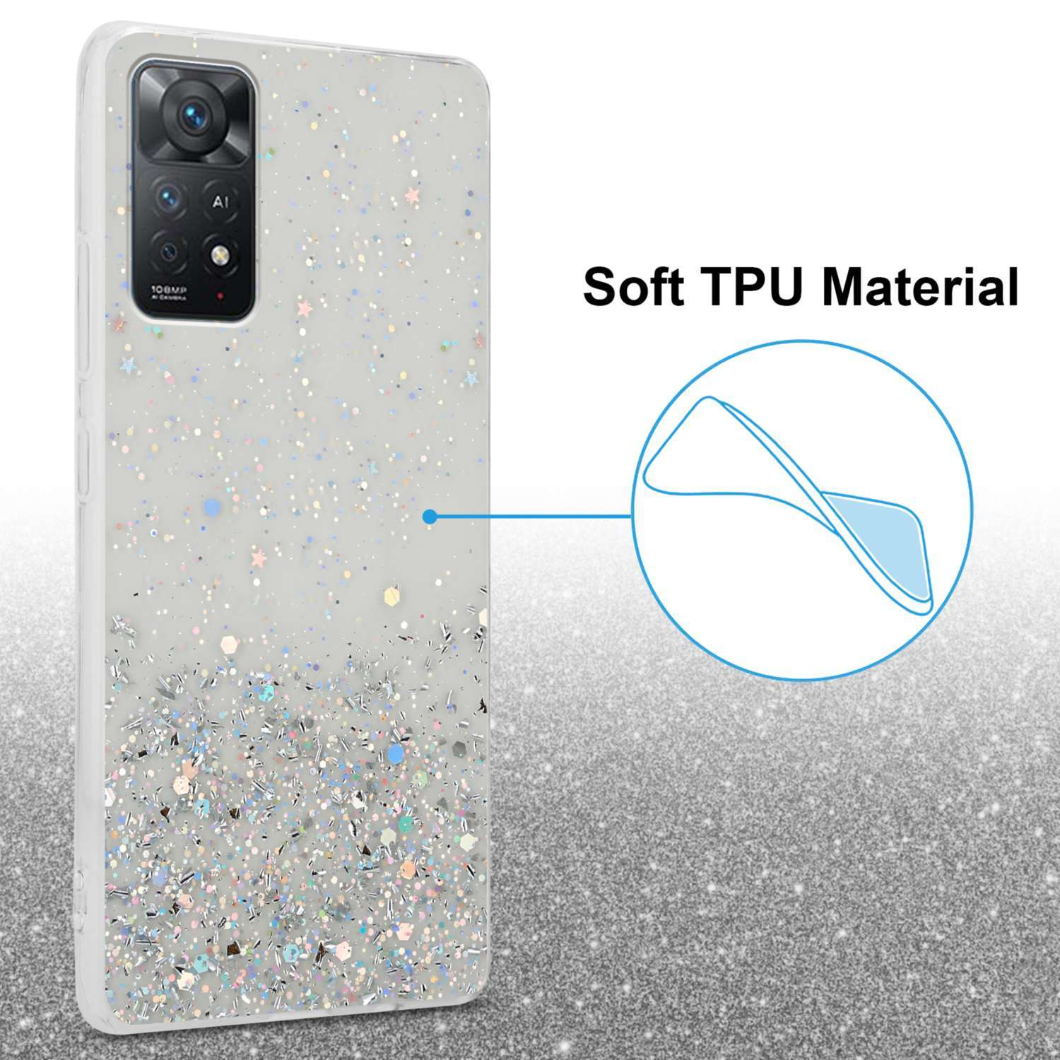 Una custodia per telefono con un design a gradiente glitterato bianco, con una descrizione del materiale TPU morbido.