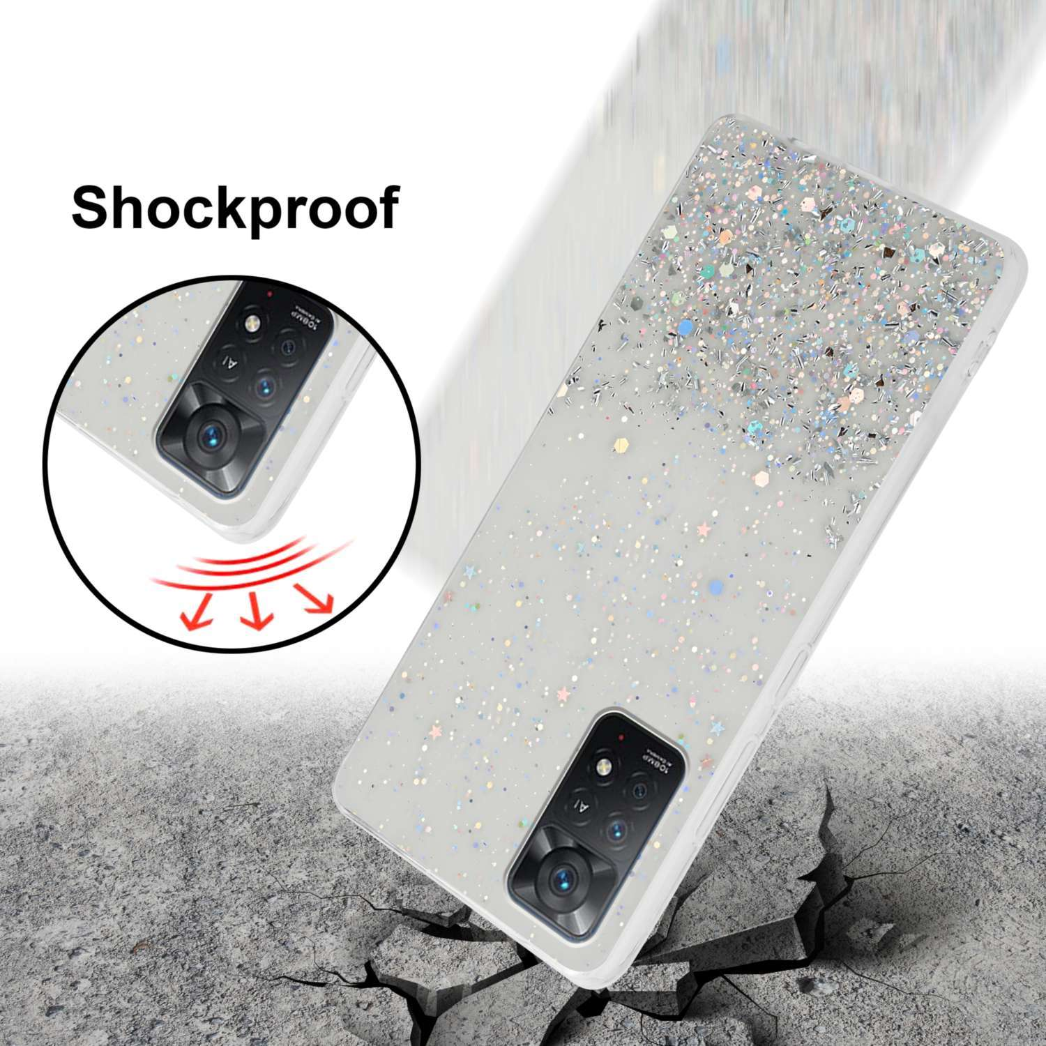 Custodia glitterata con un telefono all'interno, che cade su una superficie incrinata. Testo: Antishock.