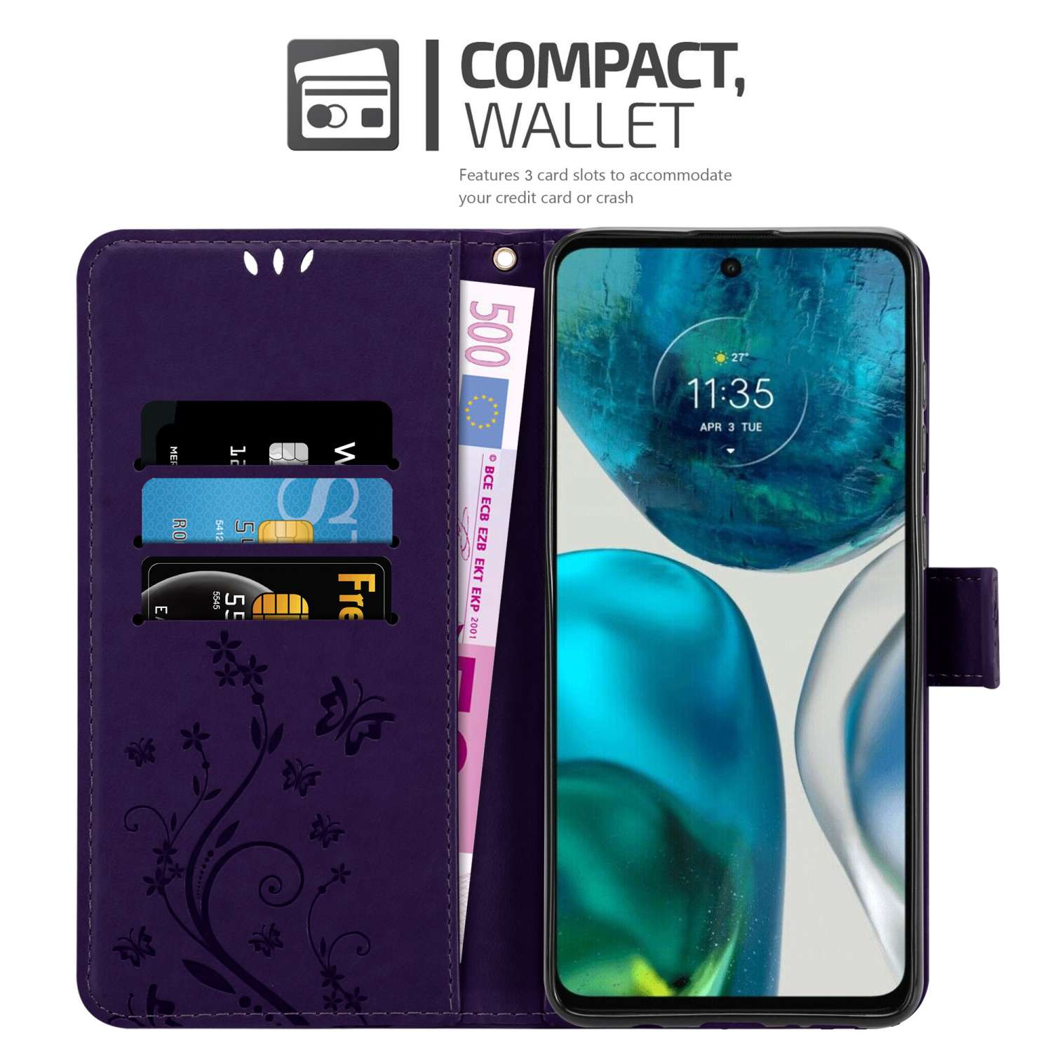 Portafoglio per telefono viola aperto, che mostra carte, denaro e schermo del telefono. Testo: Portafoglio compatto.