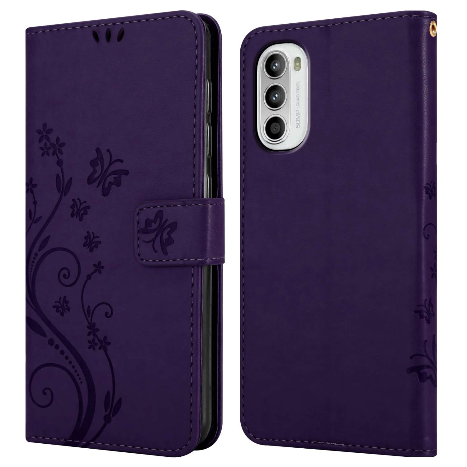 Custodia viola per telefono aperta, che mostra il telefono, con design a farfalla a sinistra.