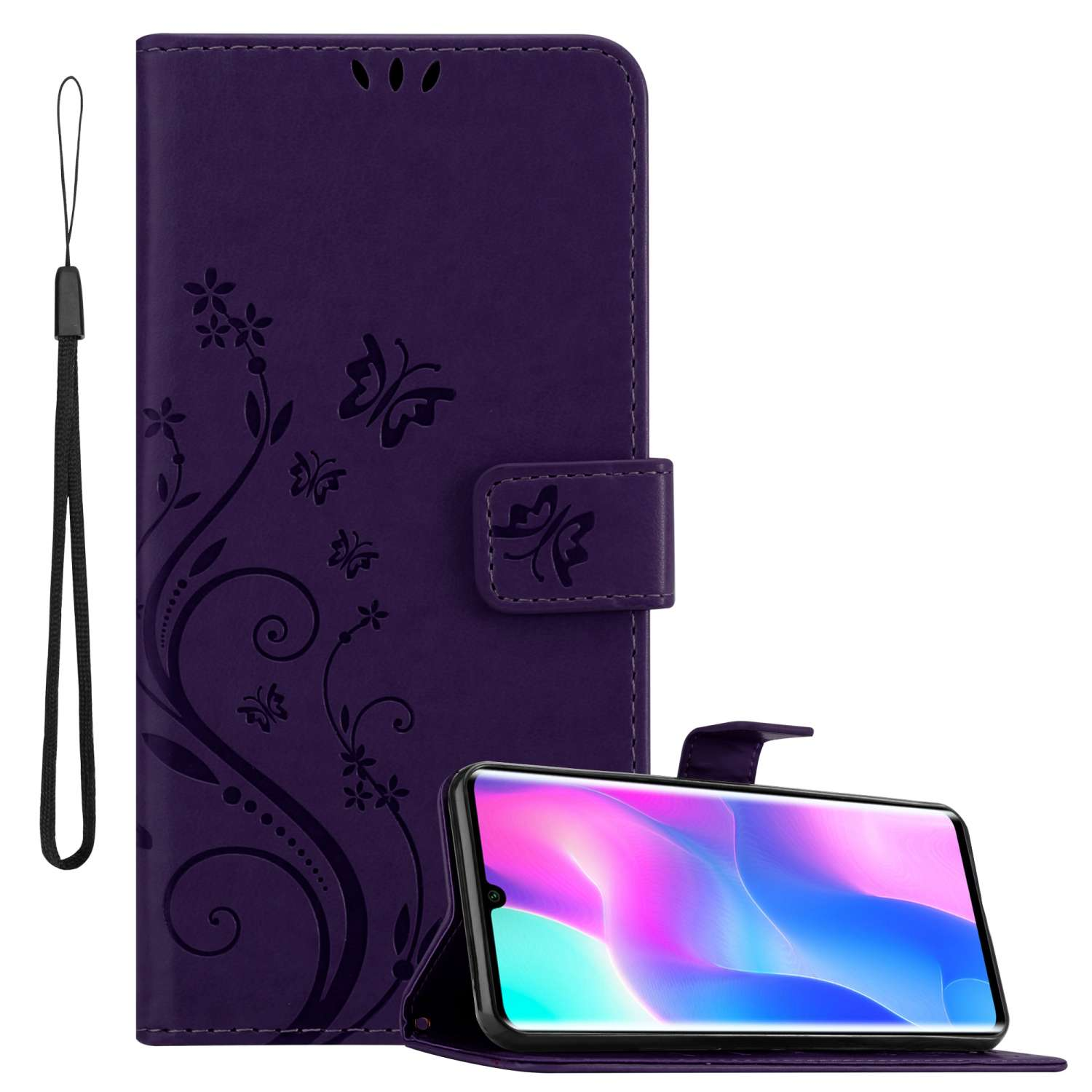 Una custodia viola con un telefono all'interno. La custodia è aperta.