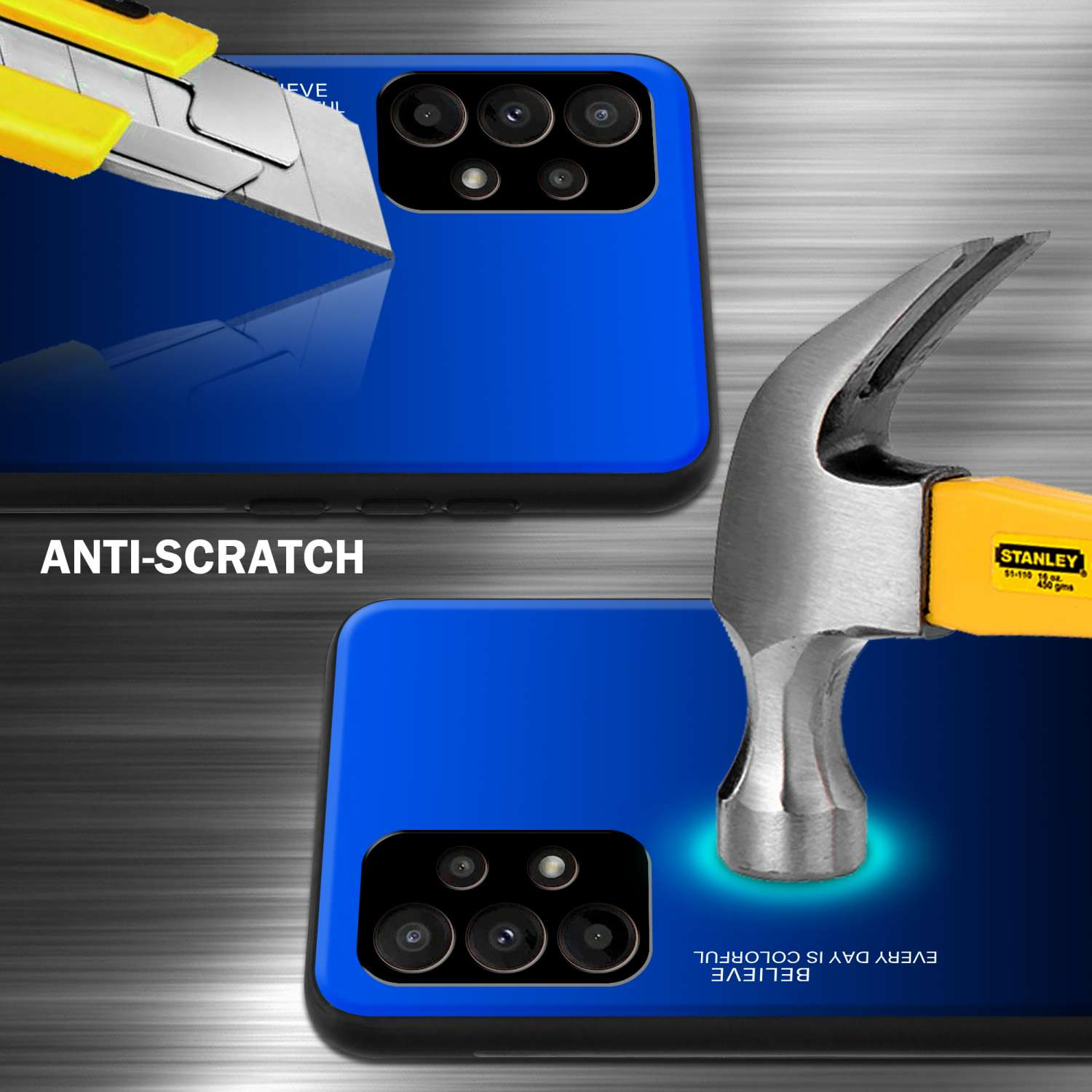 Custodia per telefono blu con un martello e un taglierino, il design della custodia ha un colore blu e un motivo colorato.