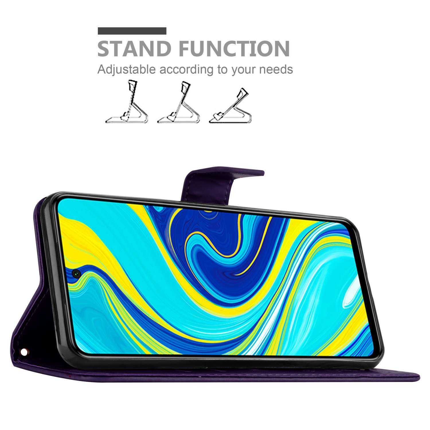 Una custodia per telefono con funzione stand, mostrata con telefono aperto. Lo stand ha posizioni regolabili.