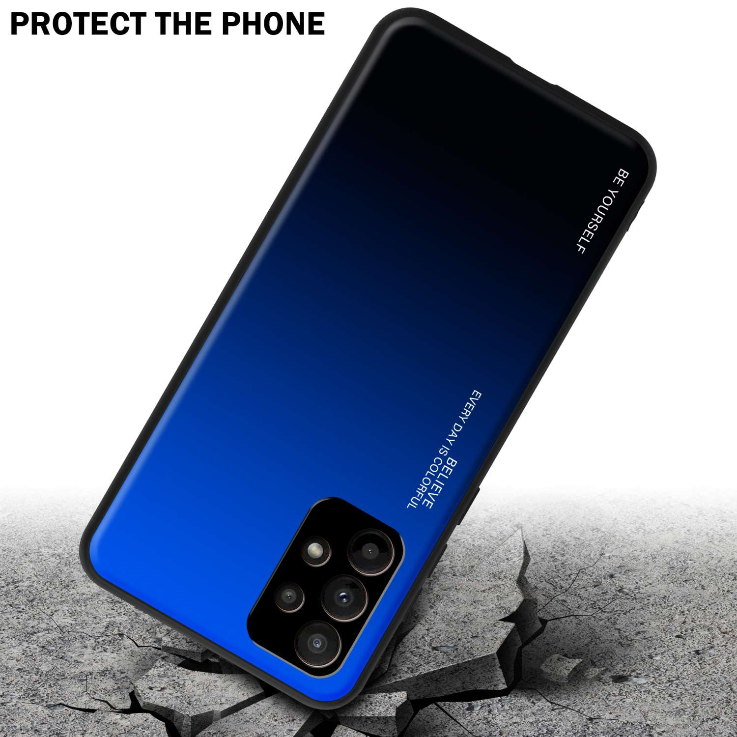 Custodia per telefono, gradiente blu e nero, su cemento incrinato. Testo 'Proteggi il telefono' sopra.