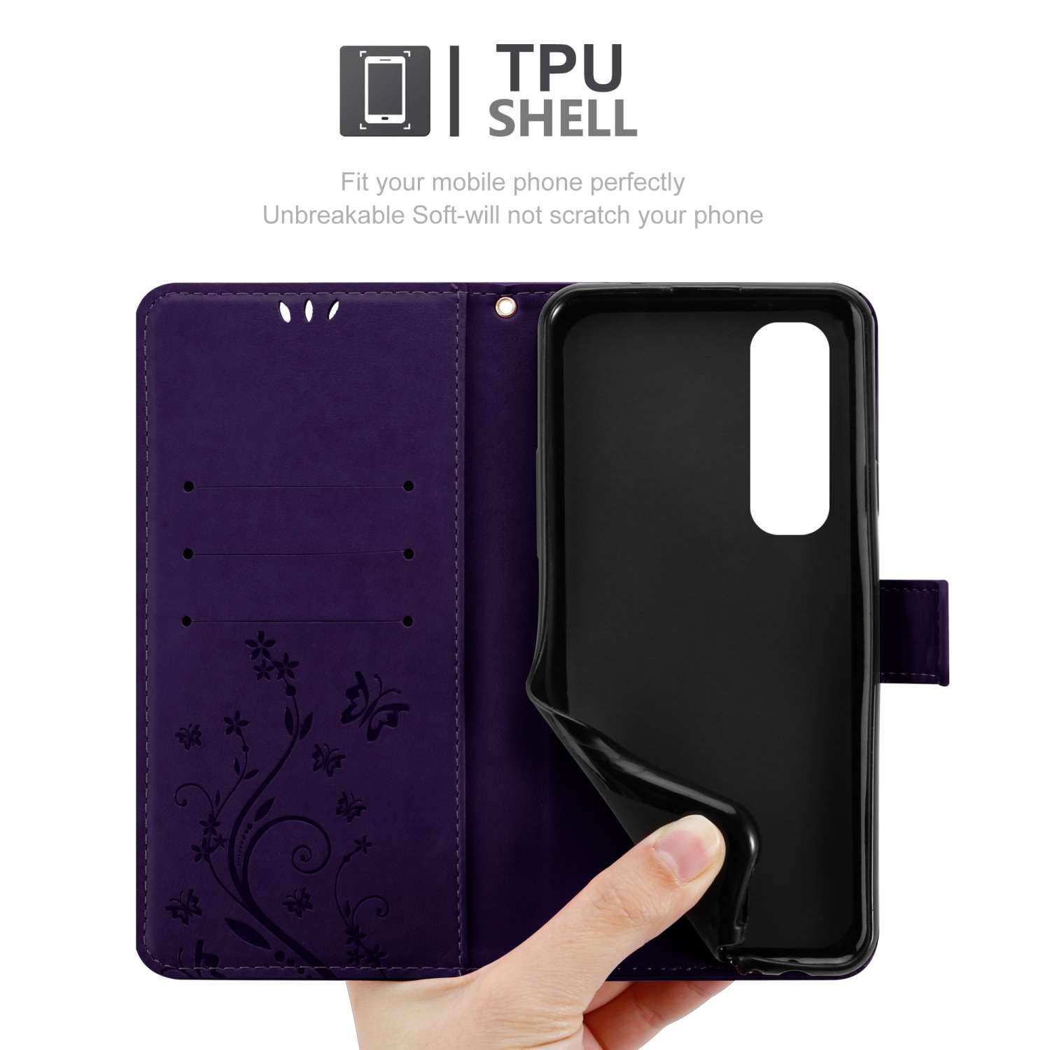 Custodia per telefono viola, aperta per mostrare una custodia per telefono nera. Farfalle e design floreale visibili. Mano nel fotogramma.