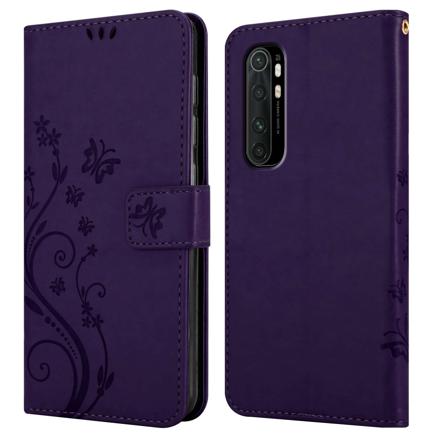Una custodia per telefono viola aperta. Ha disegni floreali e a farfalla e una chiusura magnetica.