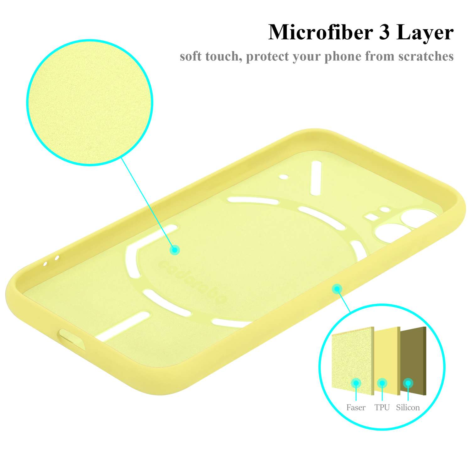 Gelbe Handyhüllen-Innenseite. Mikrofaser 3-schichtig. Aus Faser, TPU und Silikon.
