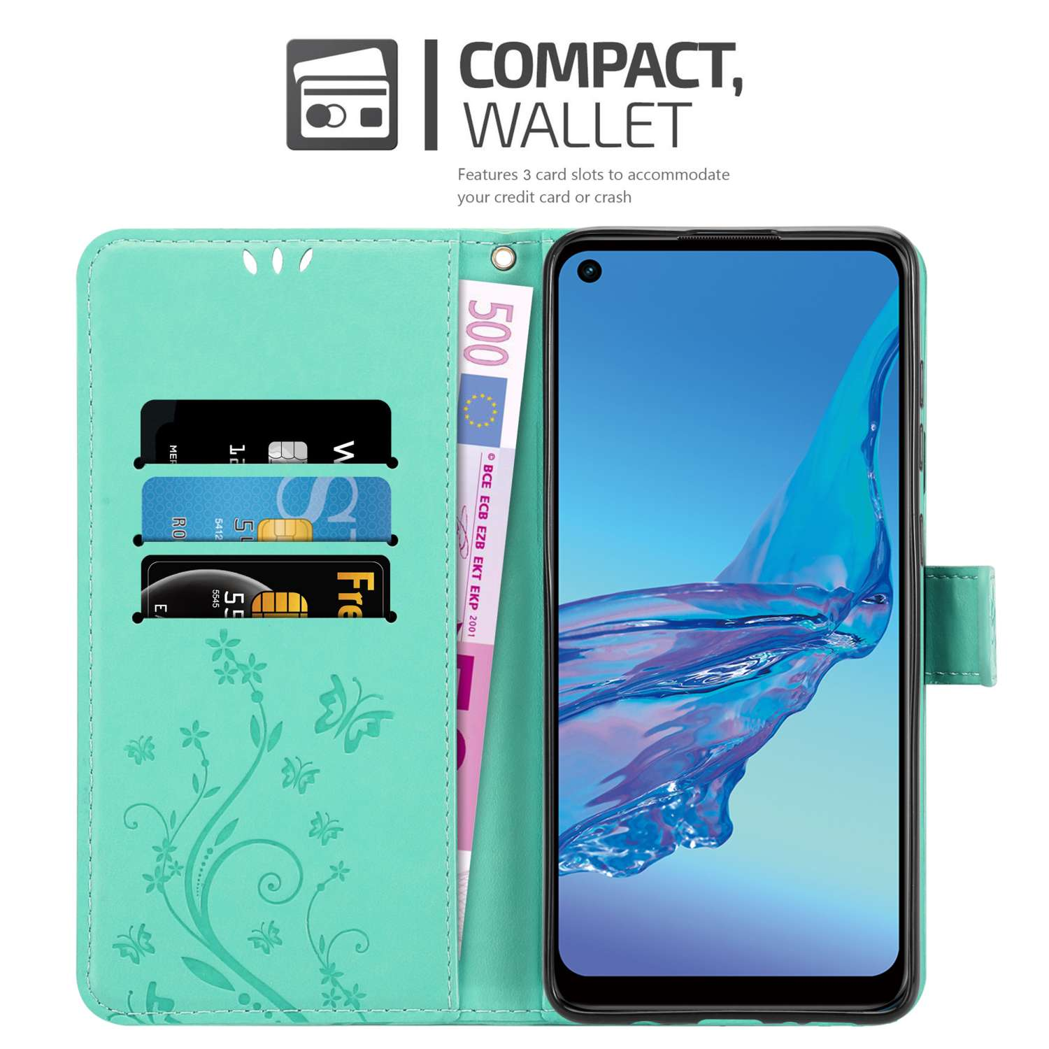 Portafoglio turchese con telefono, carte e denaro. Il portafoglio è aperto, mostrando l'interno. Testo: Portafoglio compatto.