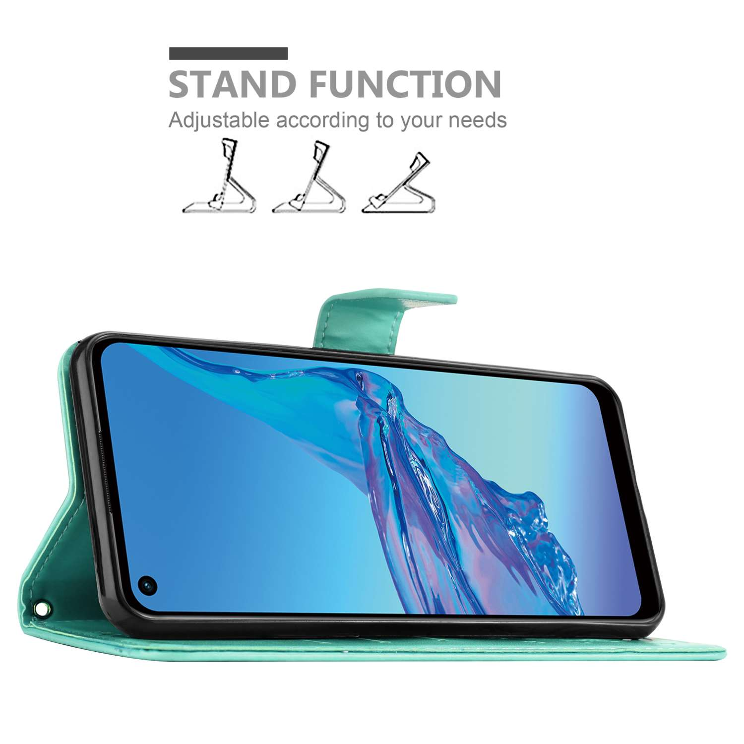 Una custodia del telefono aperta, che mostra uno schermo blu. 'Funzione supporto' è sopra. La custodia del telefono è verde acqua.