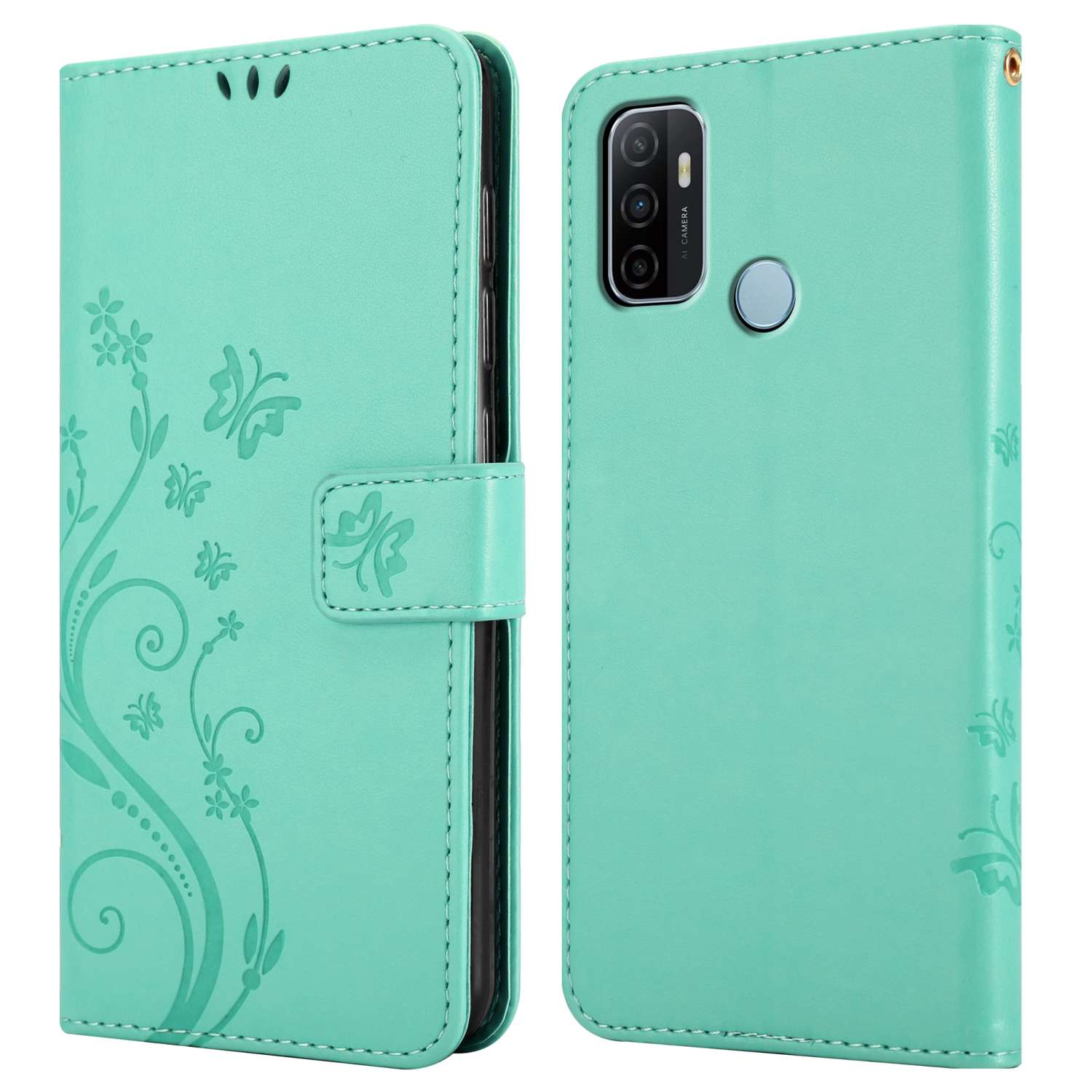 Una custodia per telefono verde acqua, aperta, con un telefono all'interno. La custodia ha un design floreale e una chiusura magnetica.
