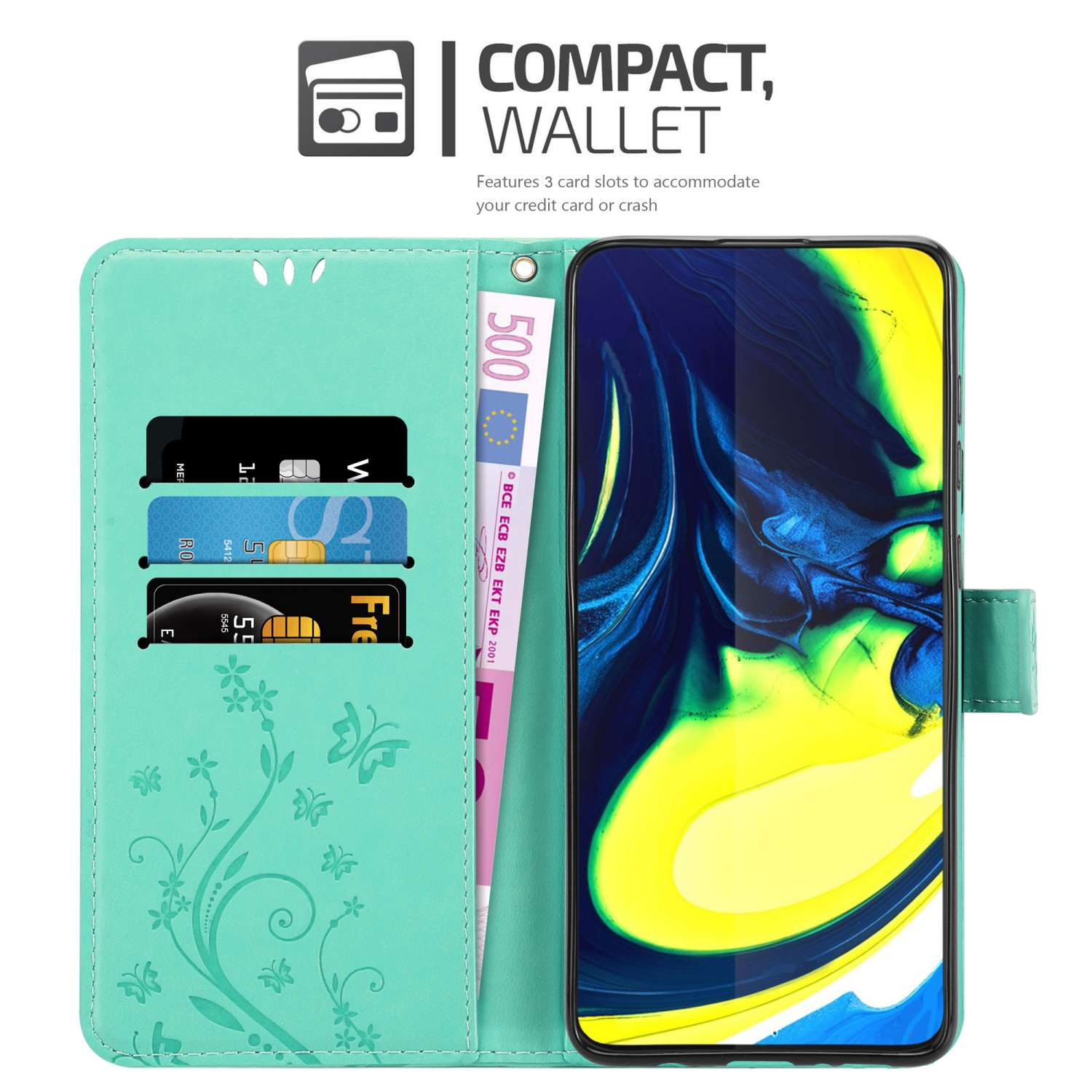 Custodia per telefono a portafoglio color verde acqua con carte e denaro all'interno. Presenta un design floreale e farfalle.