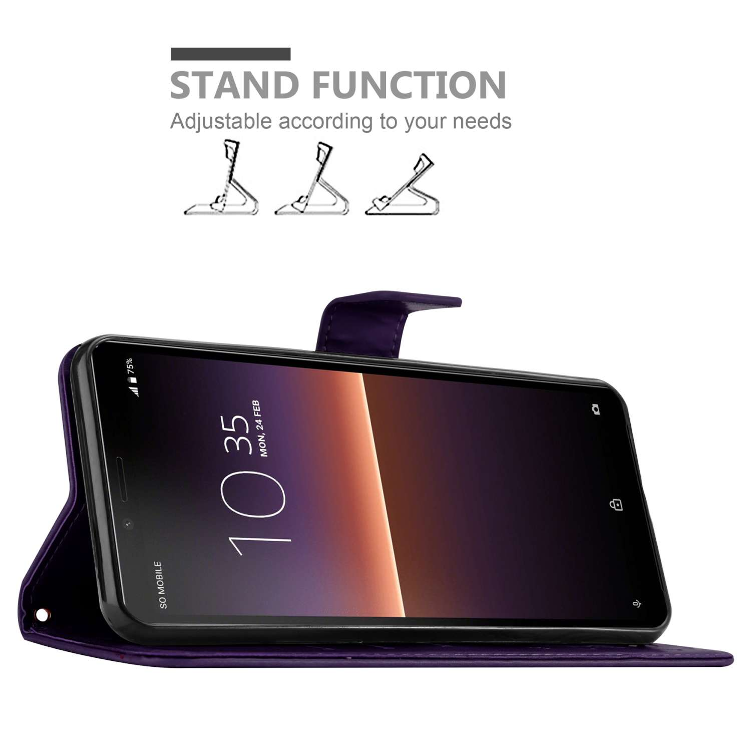Custodia viola con funzione stand, schermo del telefono visibile.