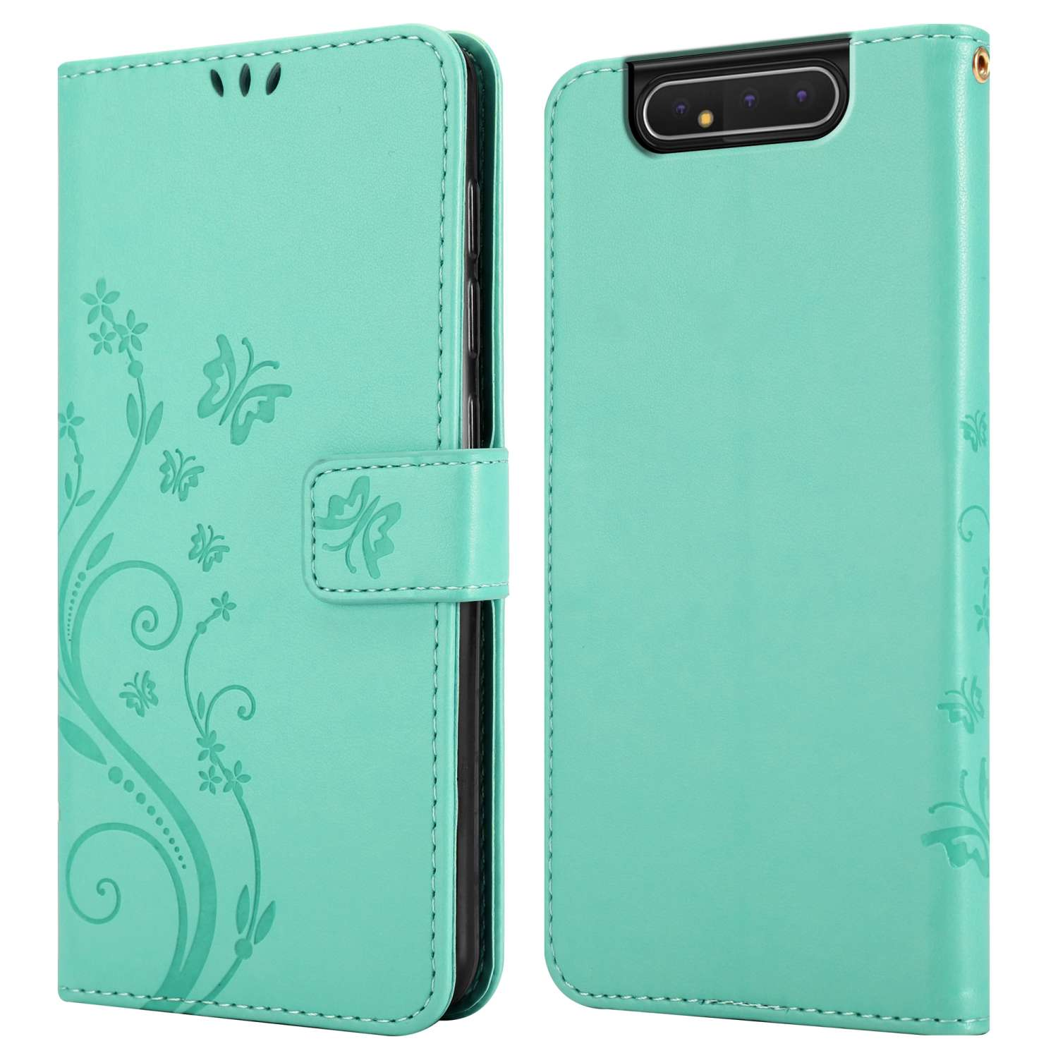 Custodia verde menta con design floreale, aperta per rivelare il telefono.