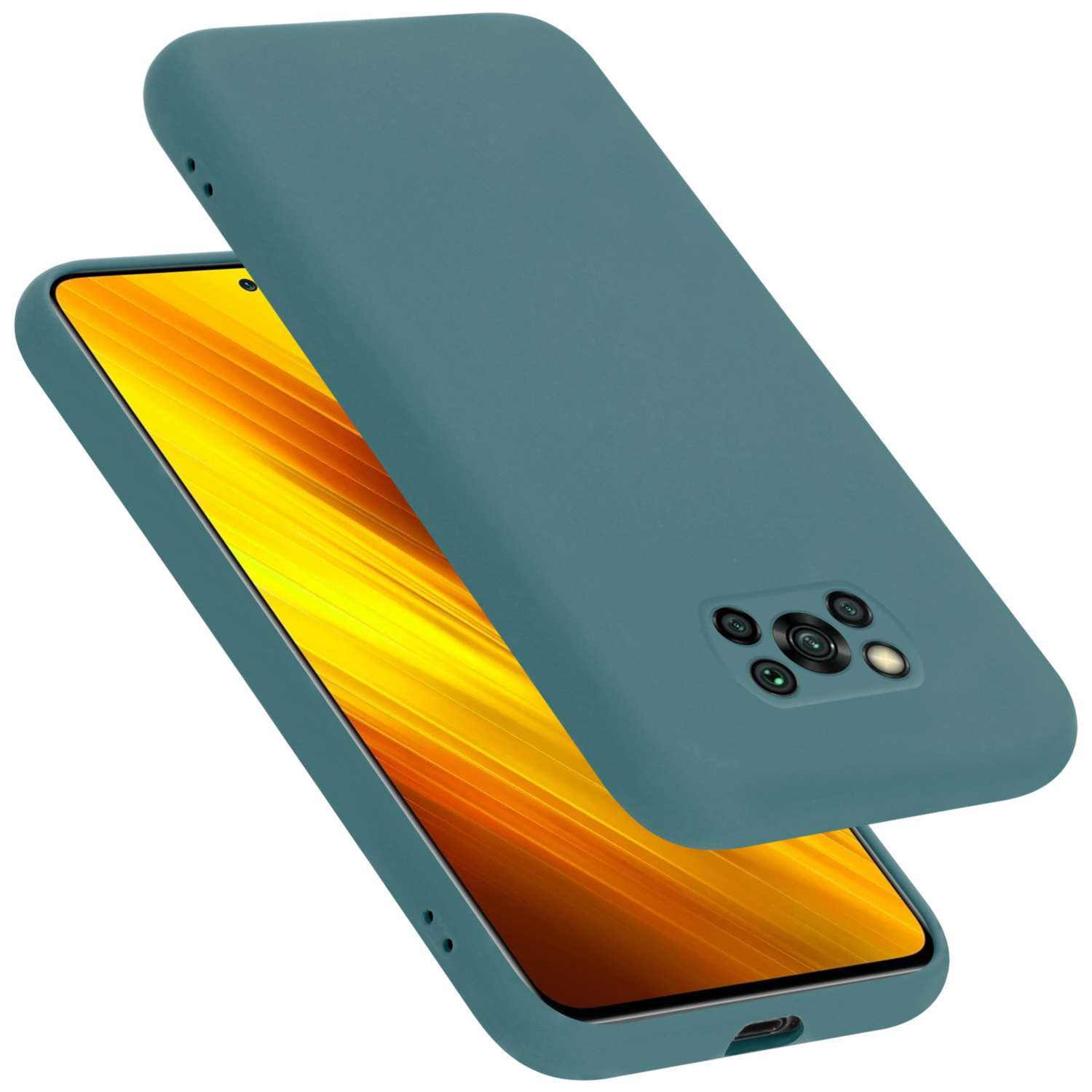 Eine tealfarbene Handyhülle mit Telefon. Die Hülle ist offen, das Telefon ist sichtbar.