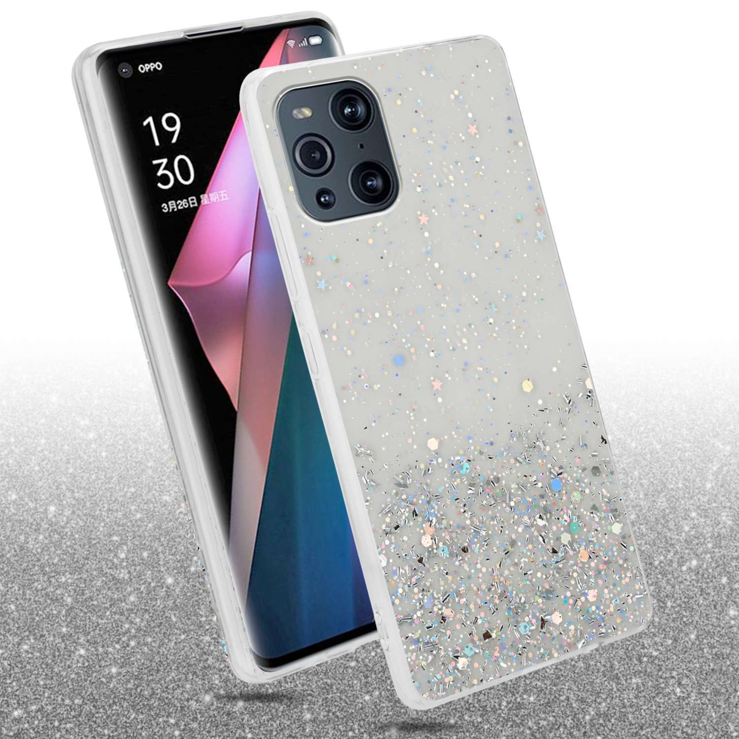 Una custodia per telefono con un design glitterato argentato sfumato e un telefono.
