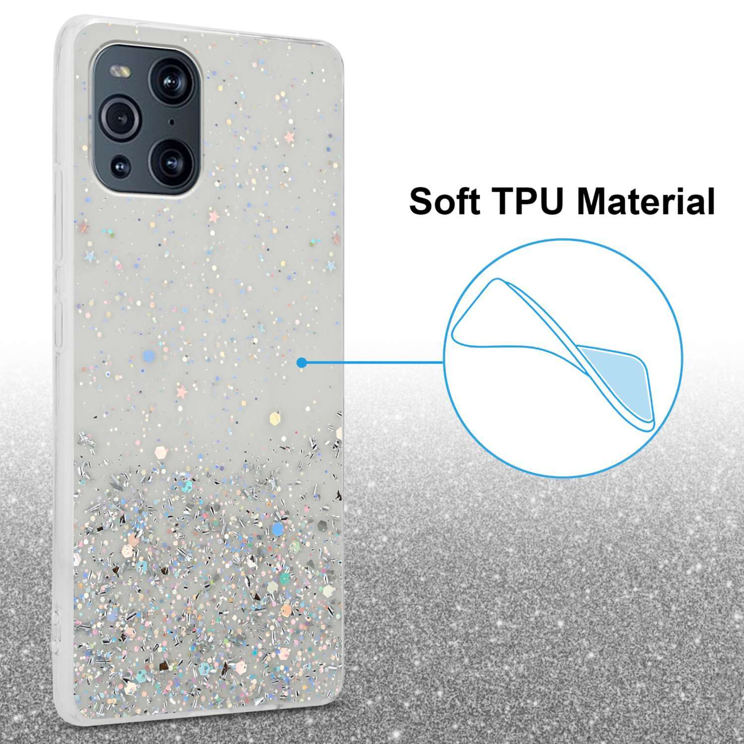 Una custodia per telefono con glitter. Testo: Materiale TPU morbido. Un cerchio blu indica il materiale.