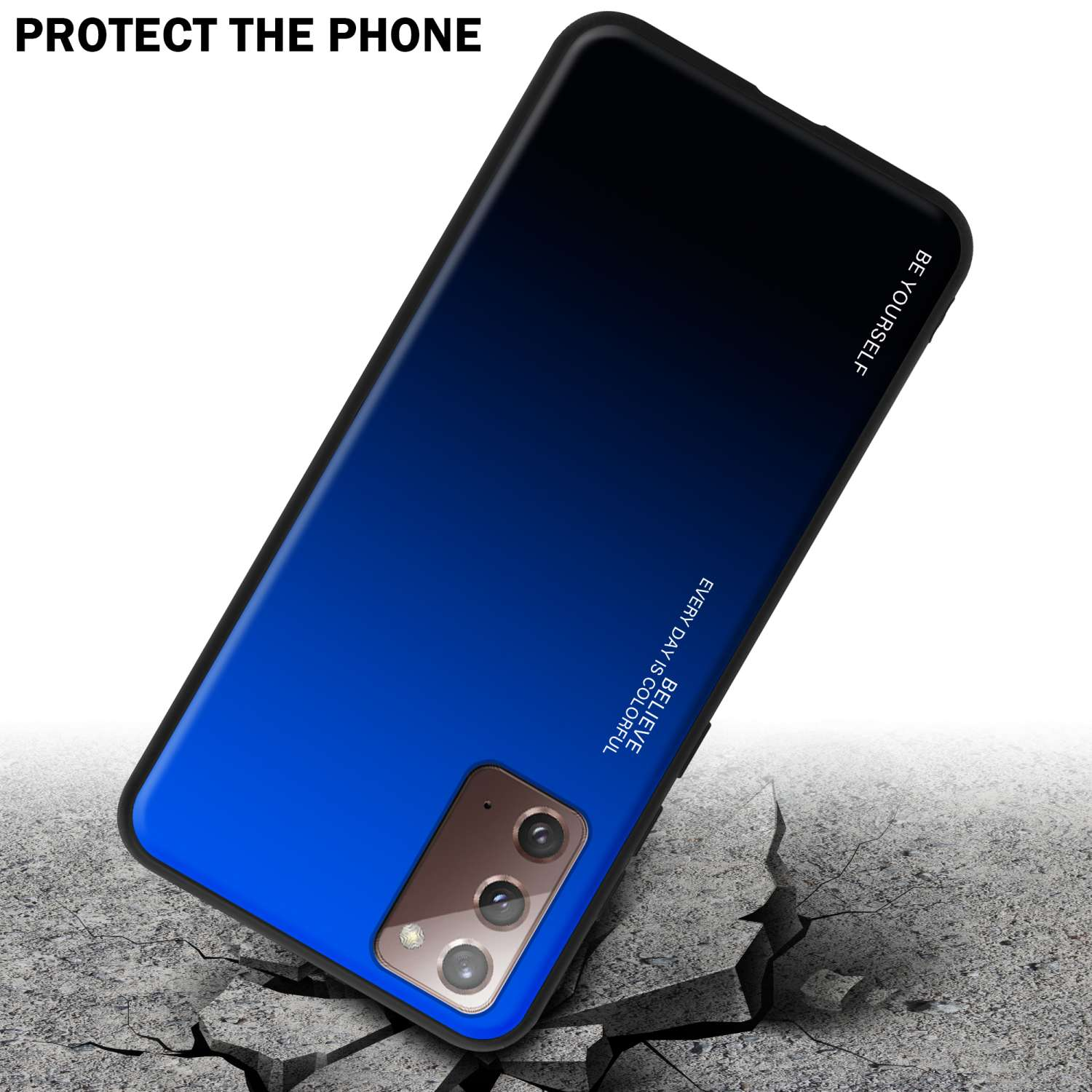 Blau-schwarze Handyhülle auf einer rissigen Oberfläche. Die Hülle schützt das Telefon.