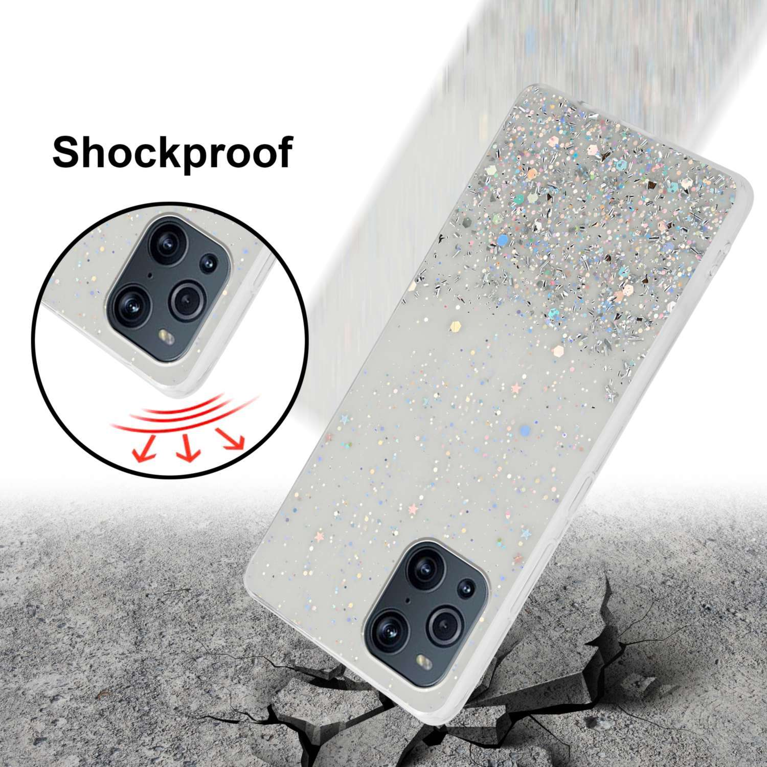 Una custodia per telefono con effetto glitter su una superficie incrinata. Il testo dice 'Antishock'.