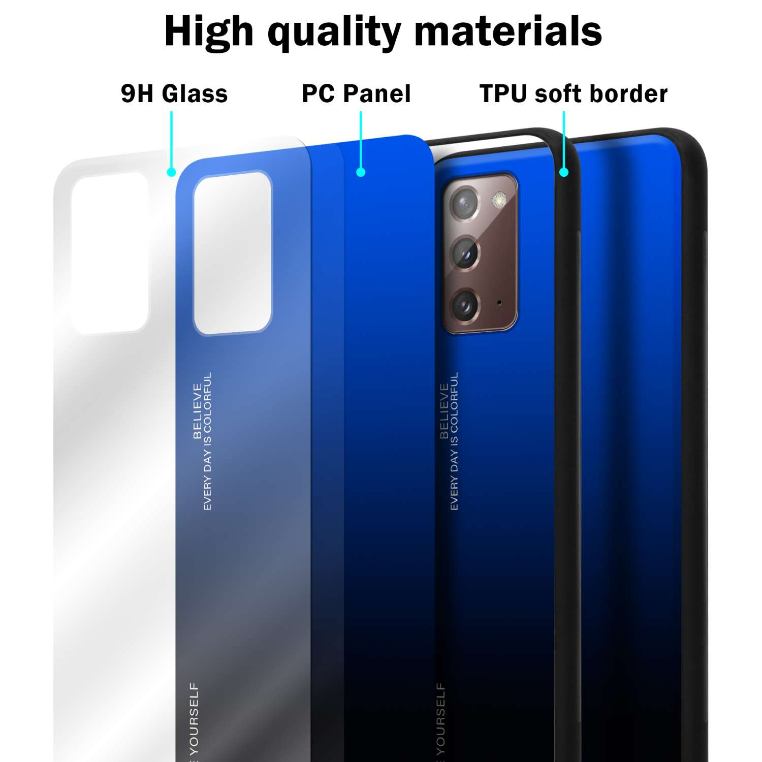 Handyhülle Schichten: 9H Glas, PC-Panel, TPU-weicher Rand. Blauer Farbverlauf. Text 'High quality materials'.