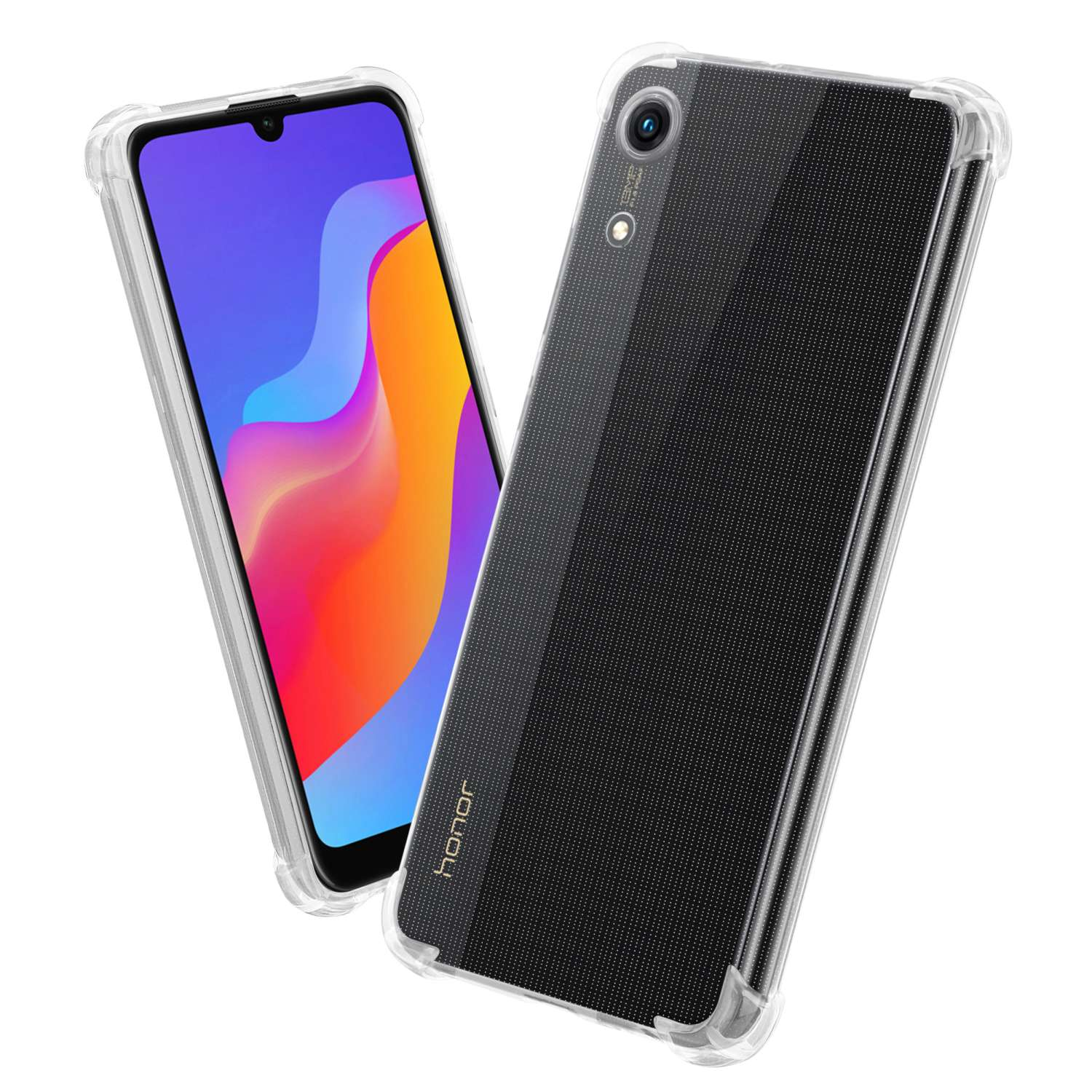 Due telefoni in custodie trasparenti. Uno schermo arancione, uno nero. Logo Honor.