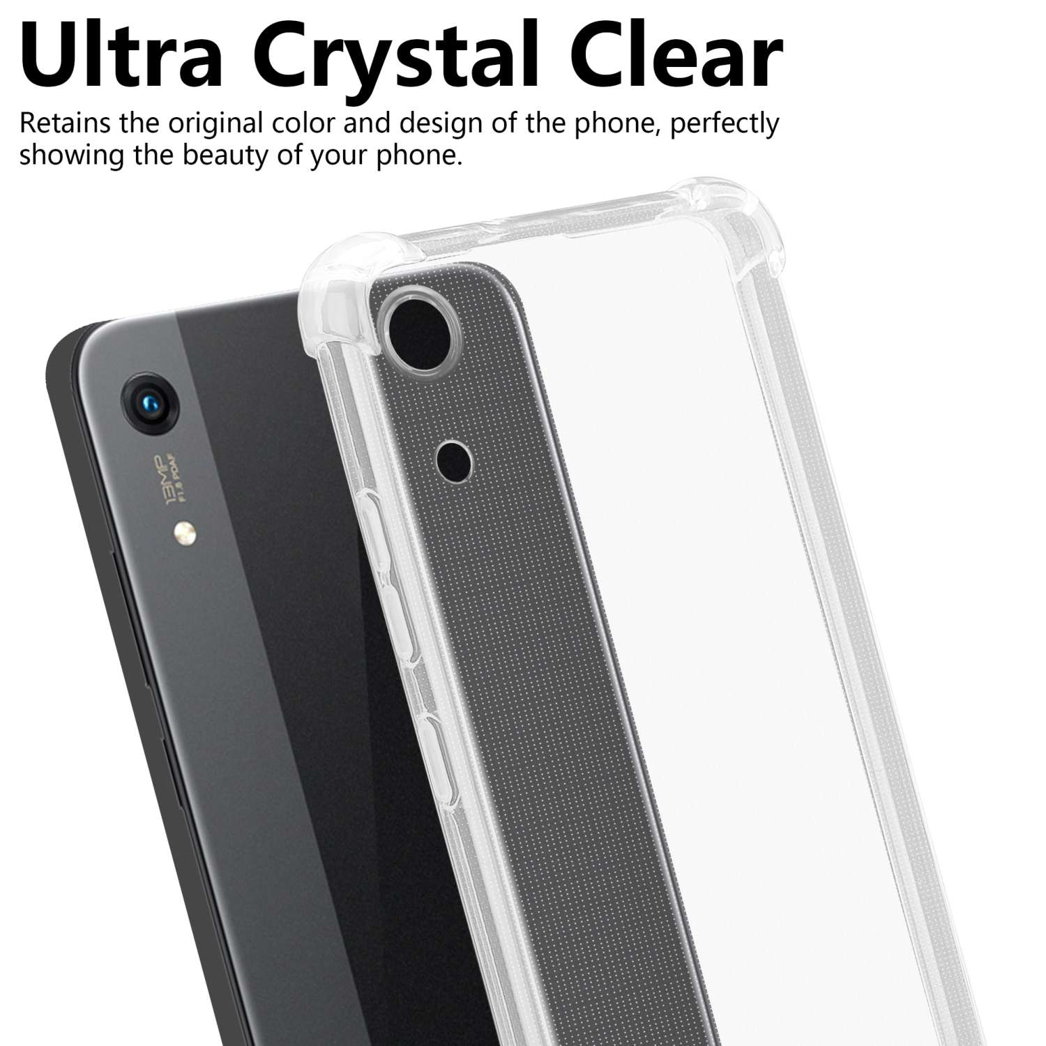 Una custodia trasparente per telefono che mostra un telefono nero, con il testo 'Ultra Crystal Clear'.