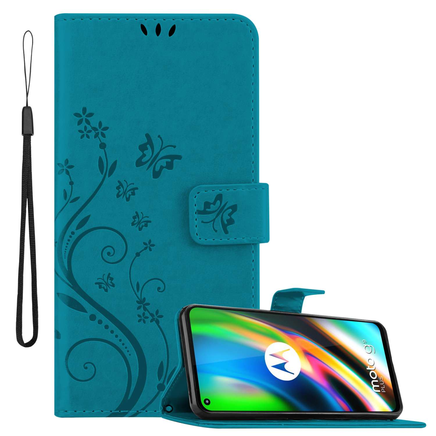 FLORAL BLAU Case, Motorola, PLUS, MOTO Flower G9 Bookcover, Hülle CADORABO Muster Blumen