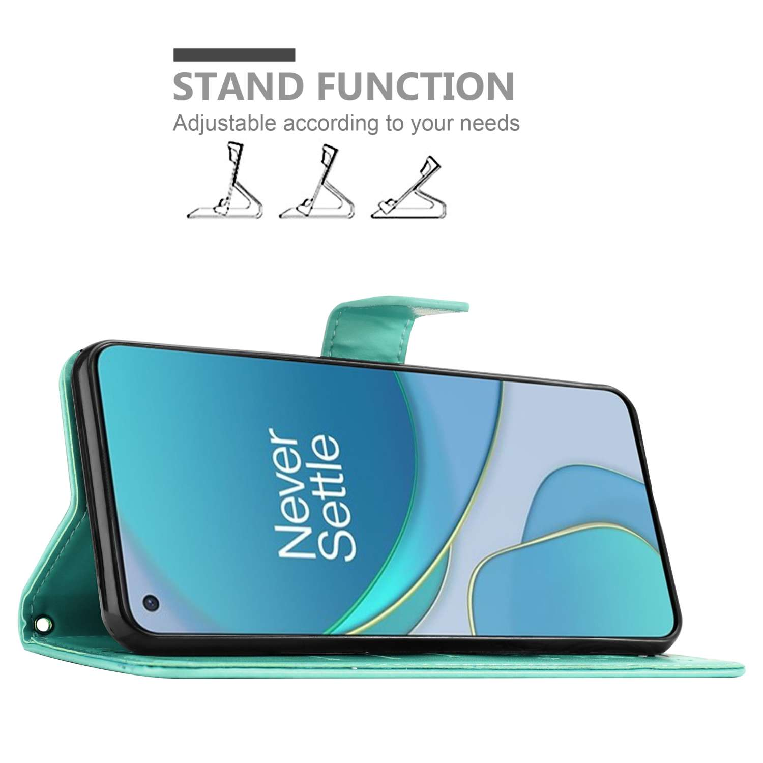Telefono in una custodia verde acqua con la scritta 'Never Settle'.