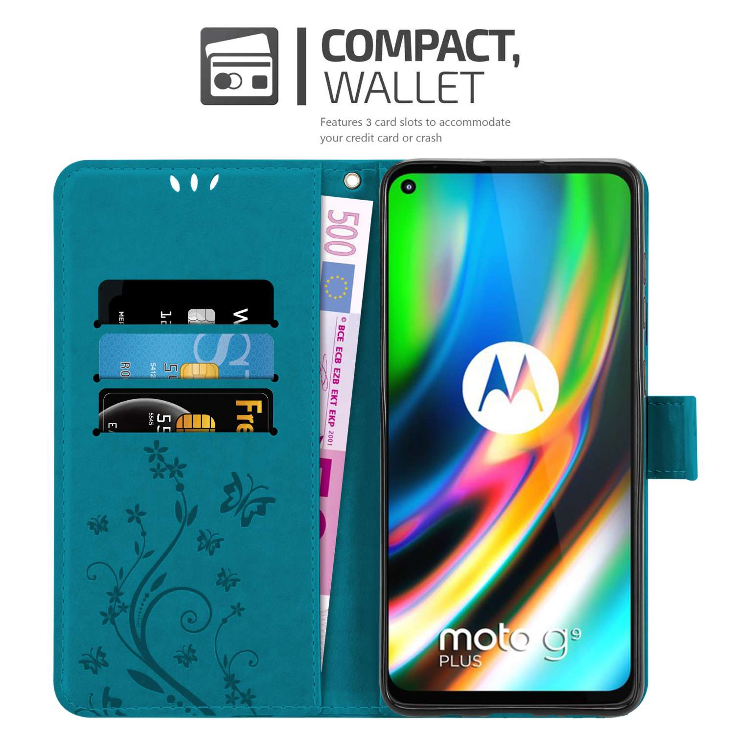 FLORAL BLAU Case, Motorola, PLUS, MOTO Flower G9 Bookcover, Hülle CADORABO Muster Blumen