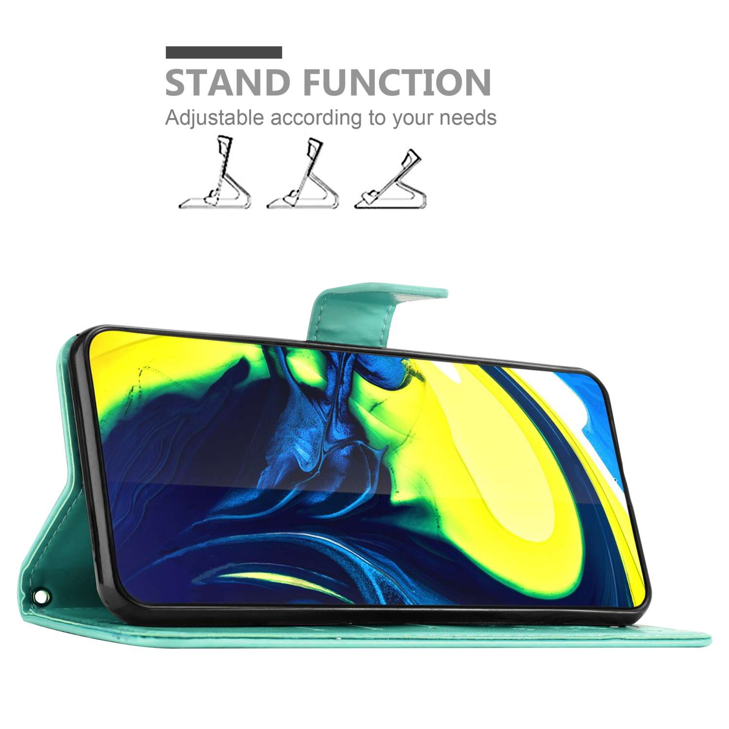 Telefono in una custodia a libro turchese, aperto per mostrare lo schermo. Testo: Funzione stand. Disegni.