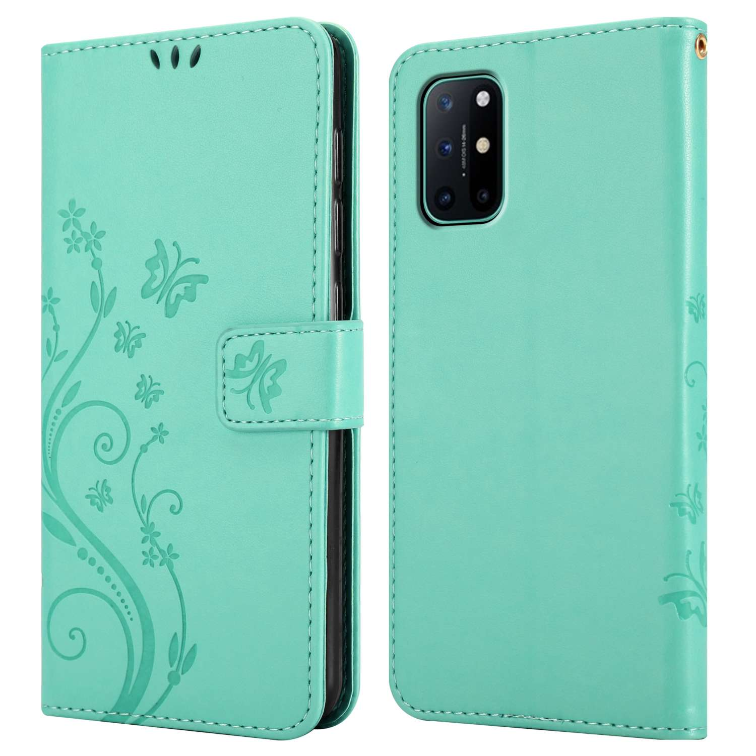 Una custodia per telefono verde acqua, aperta e chiusa. Ha un design a farfalle e floreale sul davanti.